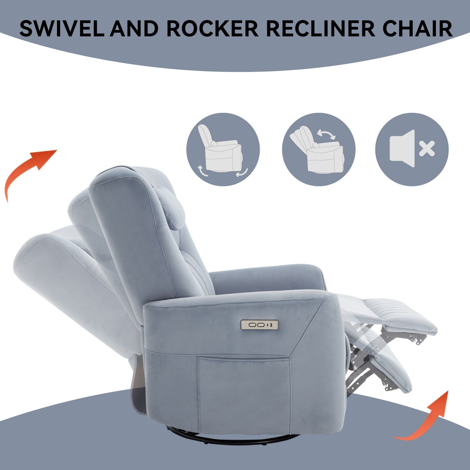 Fauteuil inclinable électrique beige pivotant à 270°, mouvement de bascule, coussin de soutien lombaire et ports USB Type-C
