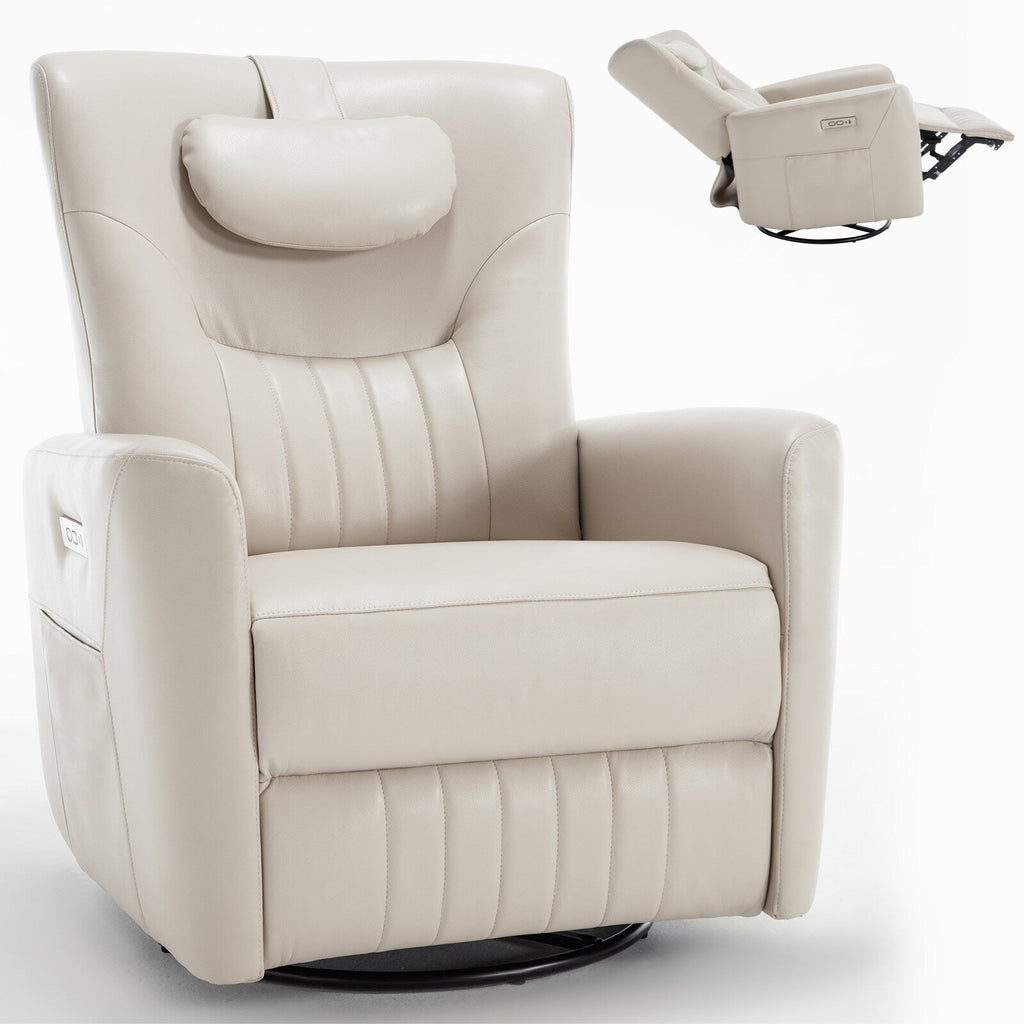 Fauteuil inclinable électrique beige avec pivot, mouvement de bascule et coussin lombaire