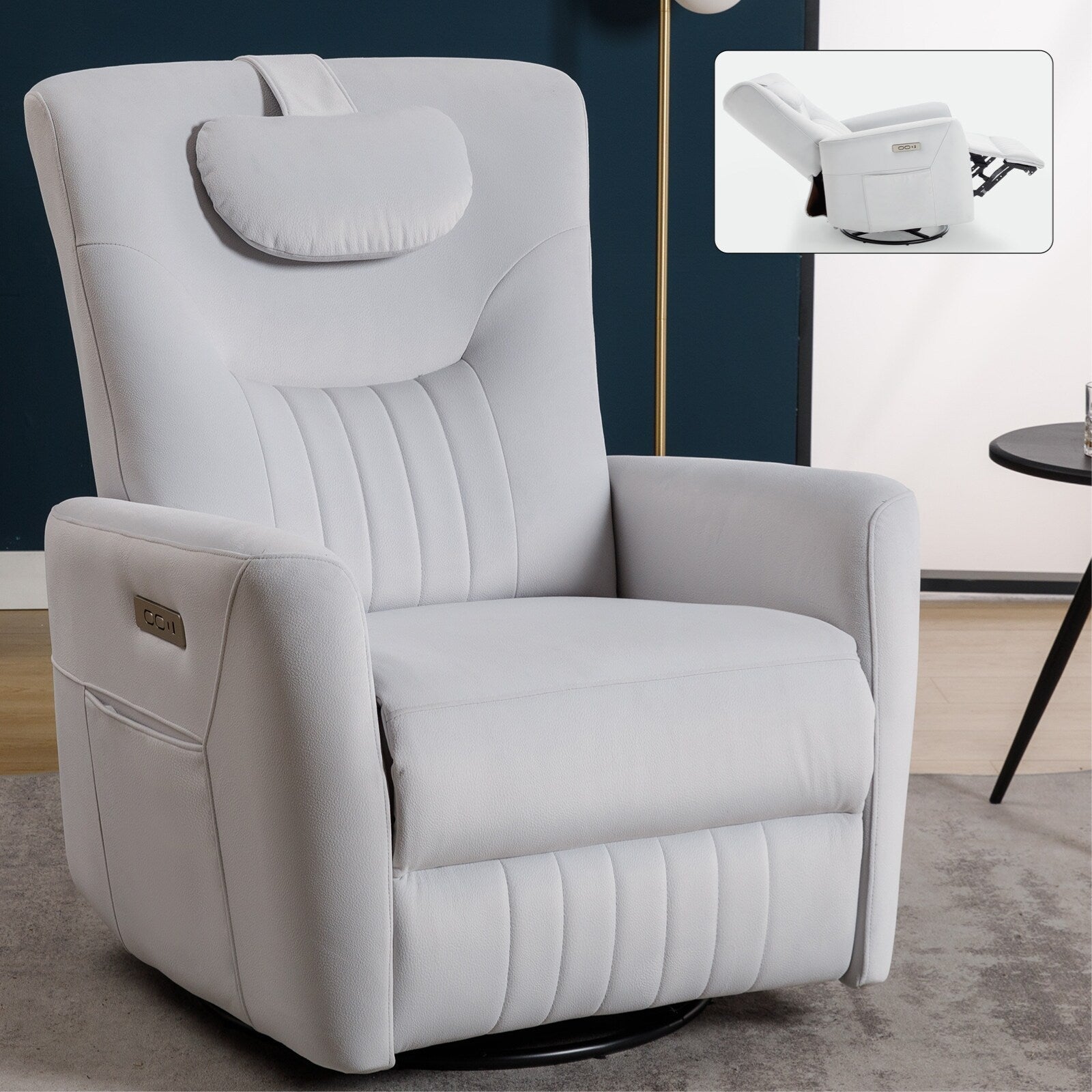 Fauteuil inclinable pivotant beige avec support lombaire et ports USB
