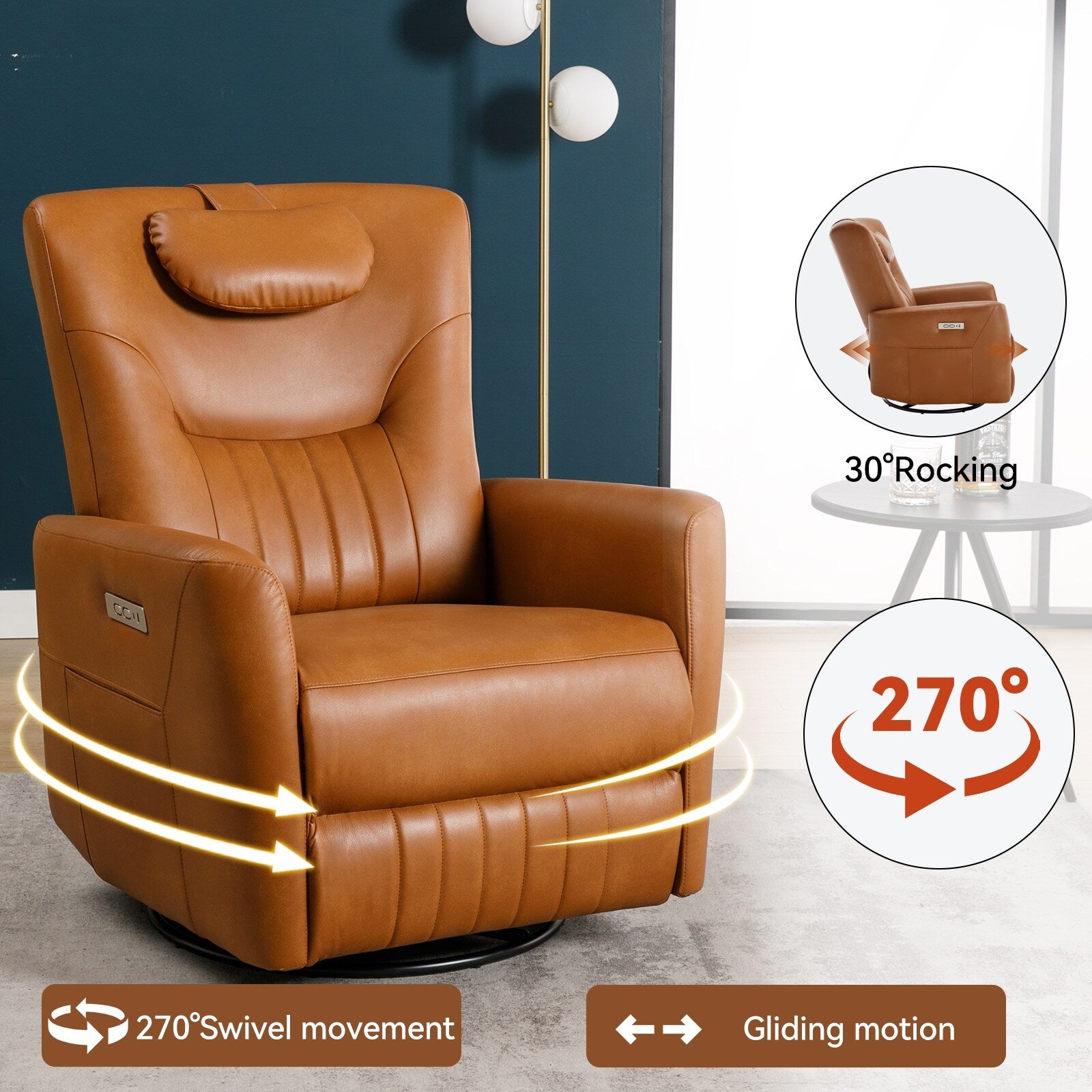 Fauteuil inclinable pivotant électrique beige avec support lombaire et cervical, ports de chargement USB et Type-C