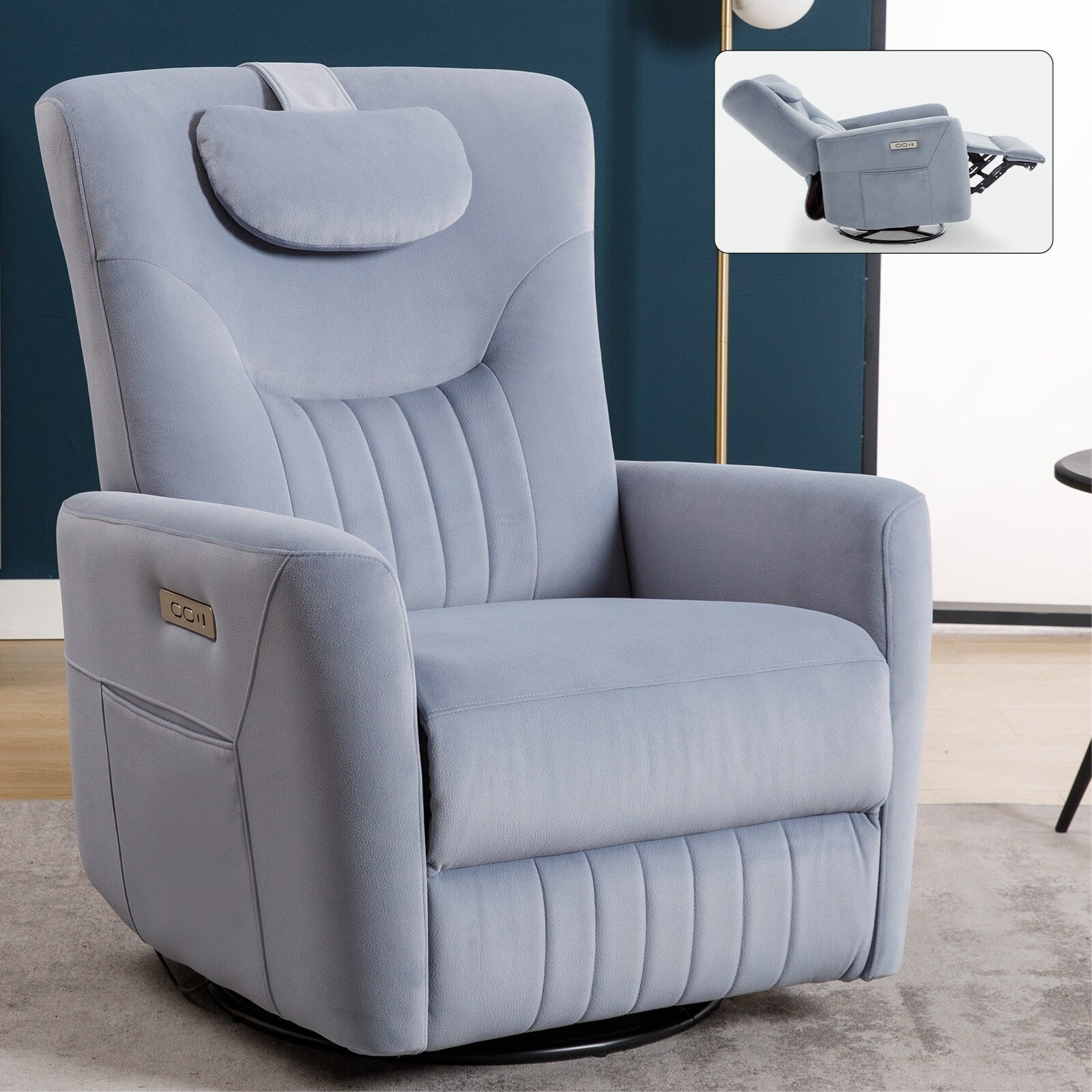 Fauteuil inclinable pivotant électrique beige avec support lombaire et cervical, ports de chargement USB et Type-C