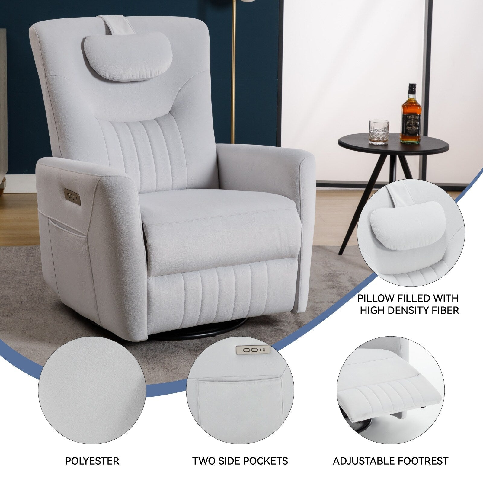 Fauteuil inclinable pivotant électrique beige avec support lombaire et cervical, ports de chargement USB et Type-C