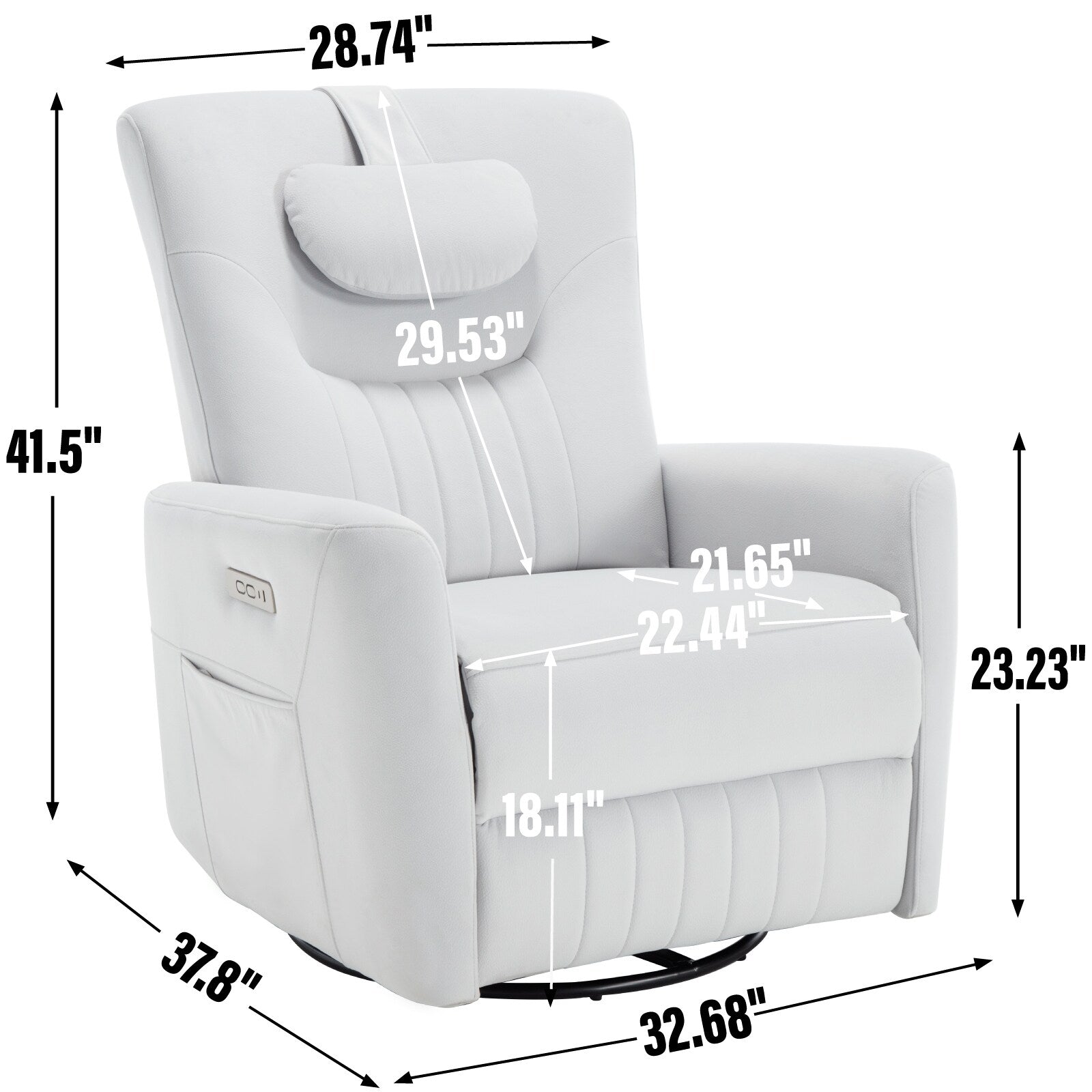 Fauteuil inclinable pivotant électrique beige avec support lombaire et cervical, ainsi que des installations de charge USB et Type-C