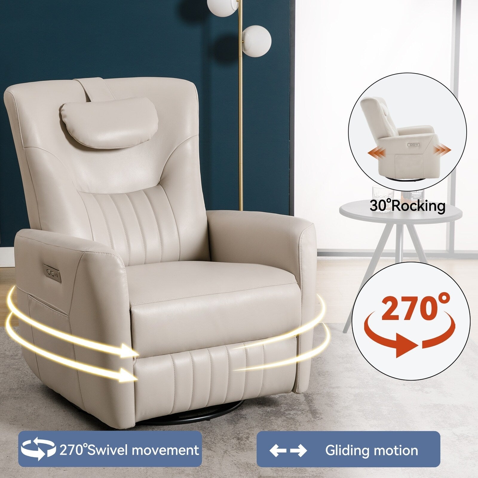 Fauteuil inclinable pivotant électrique beige avec support lombaire et cervical, ainsi que des installations de charge USB et Type-C