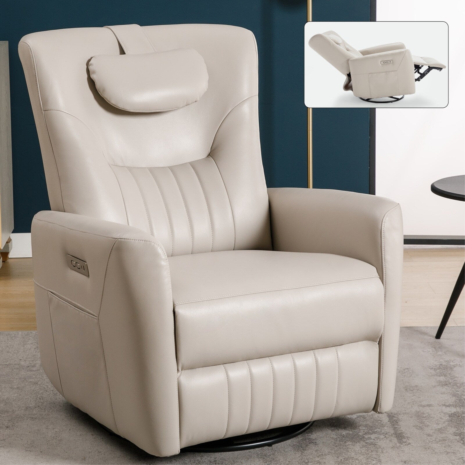 Fauteuil inclinable pivotant électrique beige avec support lombaire et cervical, ainsi que des installations de charge USB et Type-C
