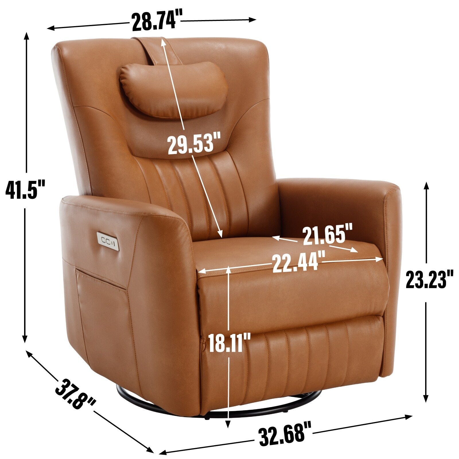 Fauteuil inclinable pivotant électrique beige avec support lombaire et cervical, avec options de chargement USB et Type-C