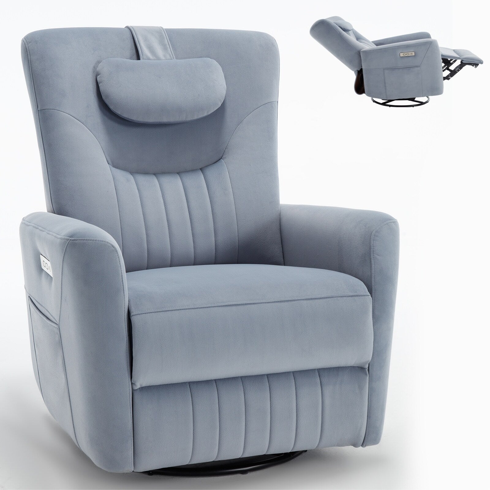 Fauteuil inclinable pivotant électrique beige avec support lombaire et cervical, avec options de chargement USB et Type-C