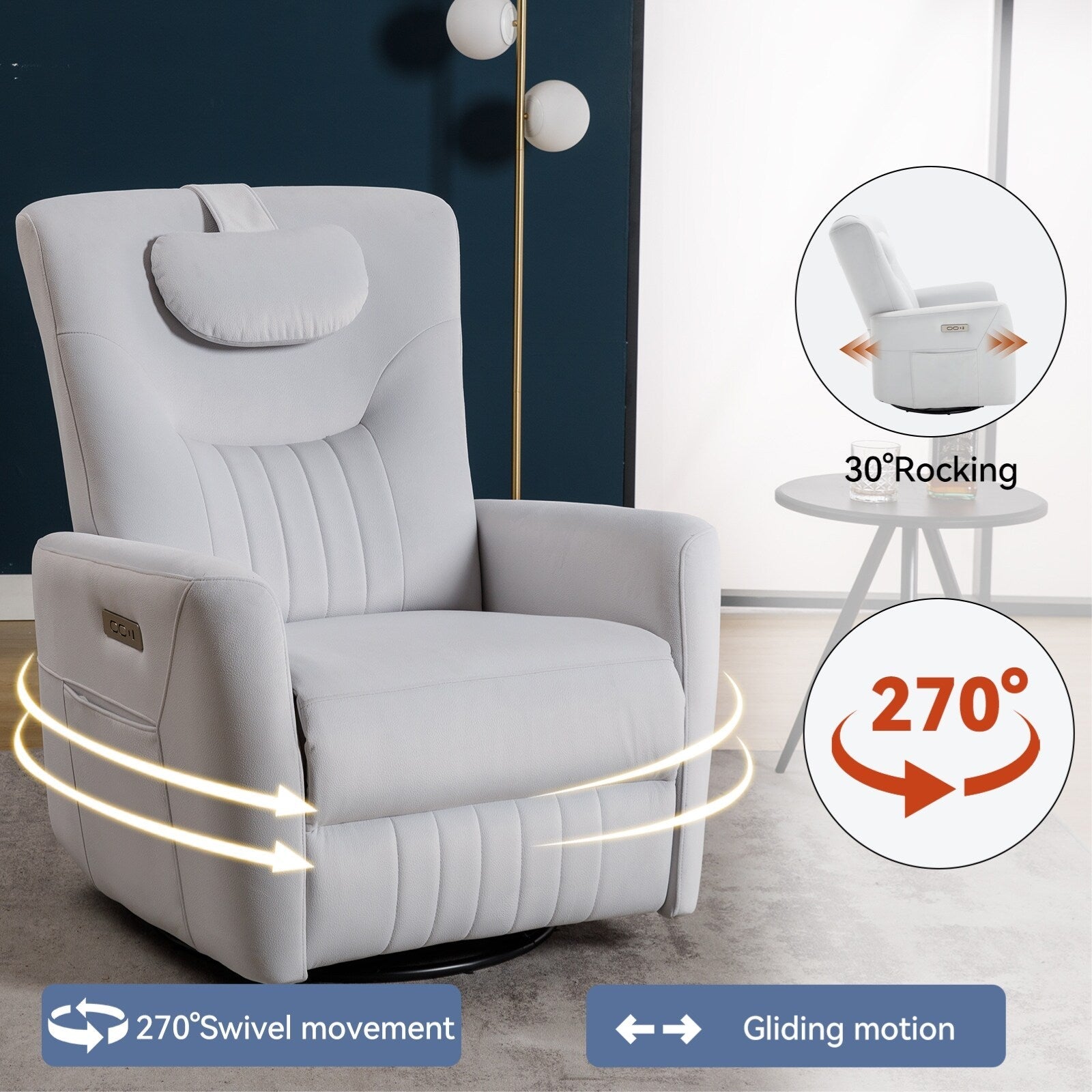 Fauteuil inclinable pivotant électrique beige avec support lombaire et cervical, avec options de chargement USB et Type-C