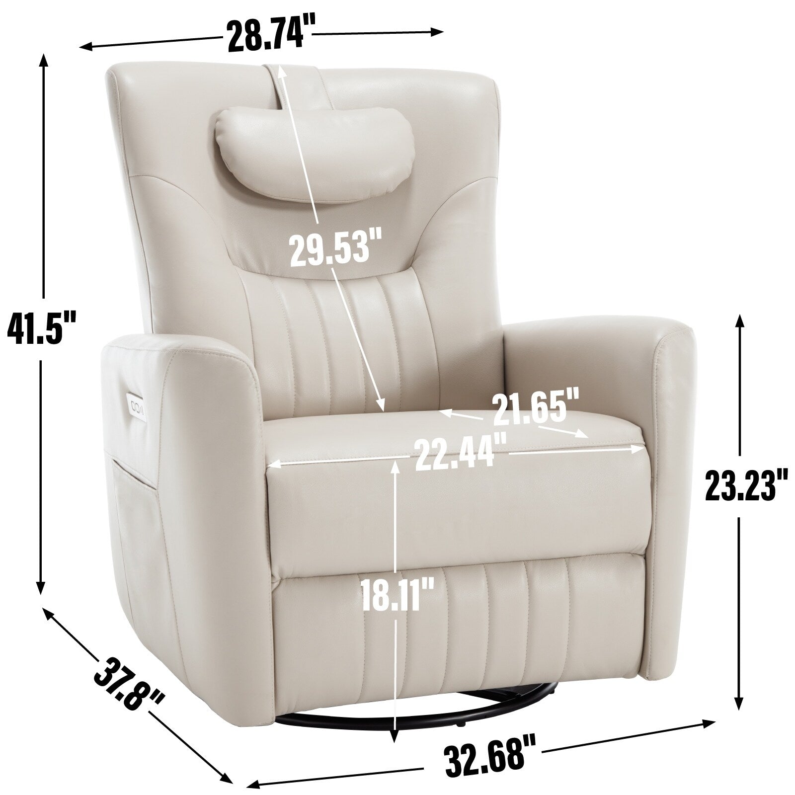 Fauteuil inclinable pivotant électrique beige avec support lombaire et cervical, avec options de chargement USB et Type-C