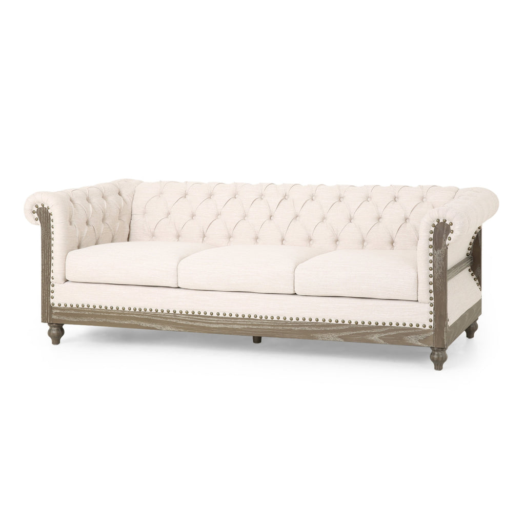 Canapé Chesterfield 3 places beige rétro 85,5 avec boutons capitonnés et pieds en bois pour le salon