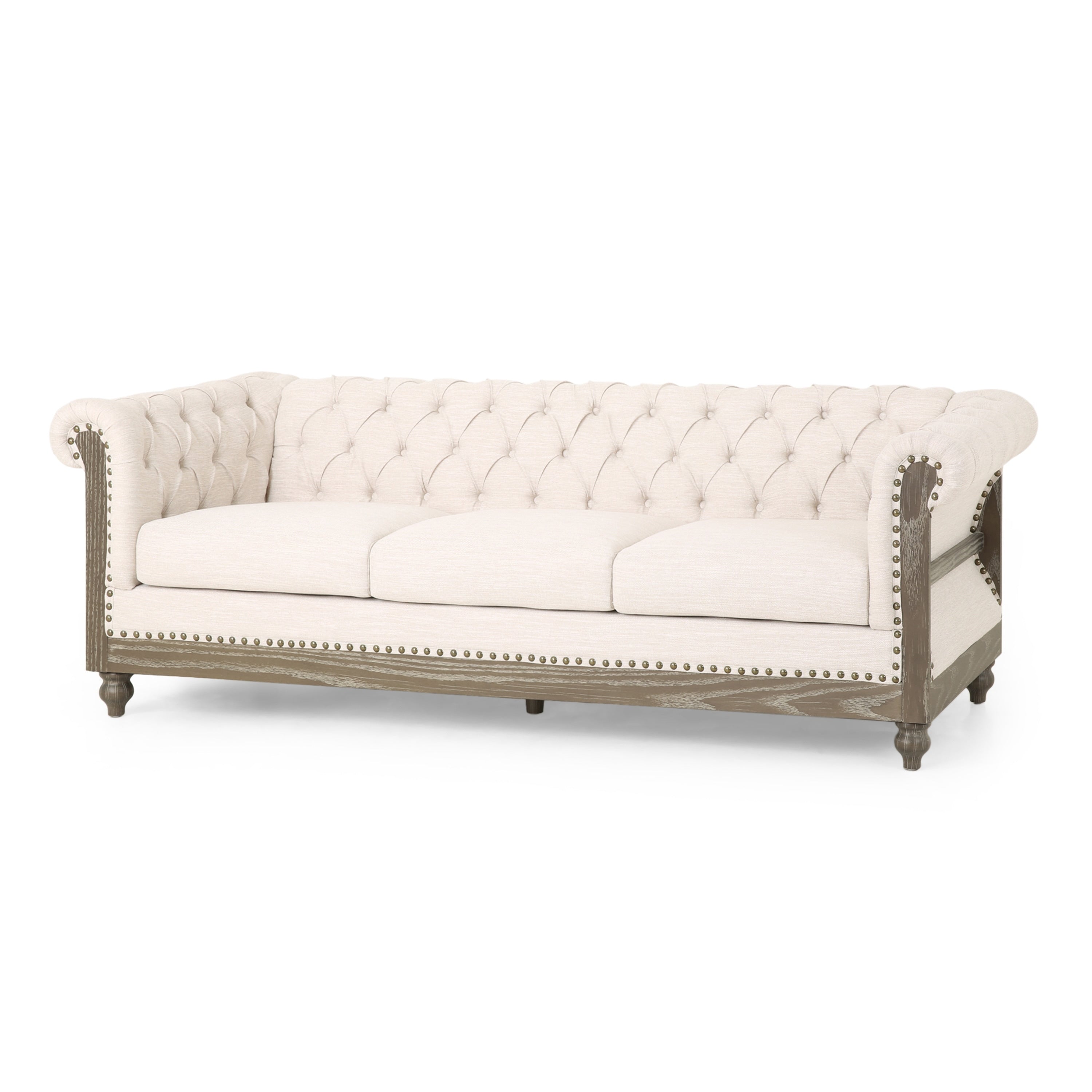 Canapé Chesterfield 3 places beige rétro 85,5 avec boutons capitonnés et pieds en bois pour le salon