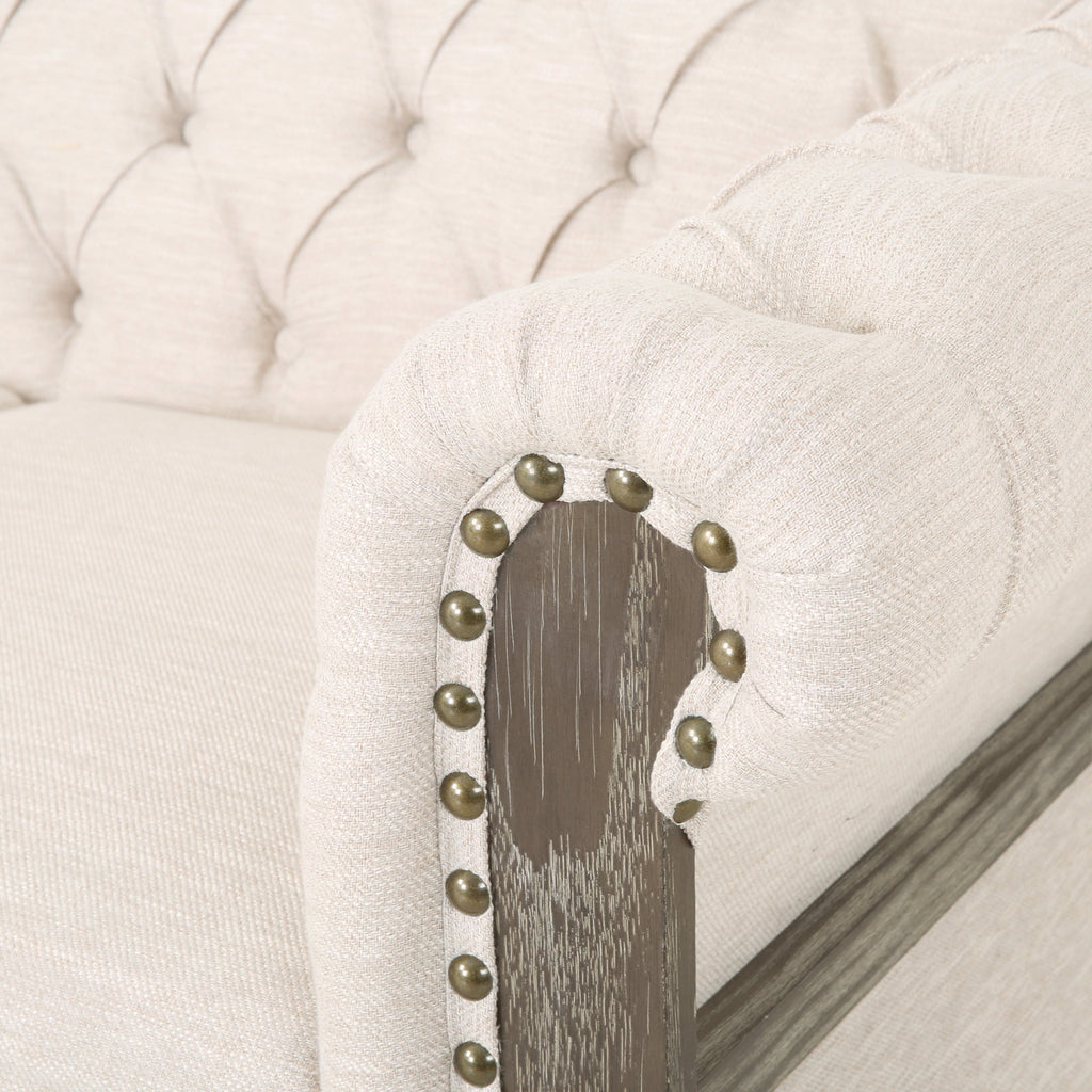 Canapé Chesterfield 3 places beige rétro 85,5 avec boutons capitonnés et pieds en bois pour le salon