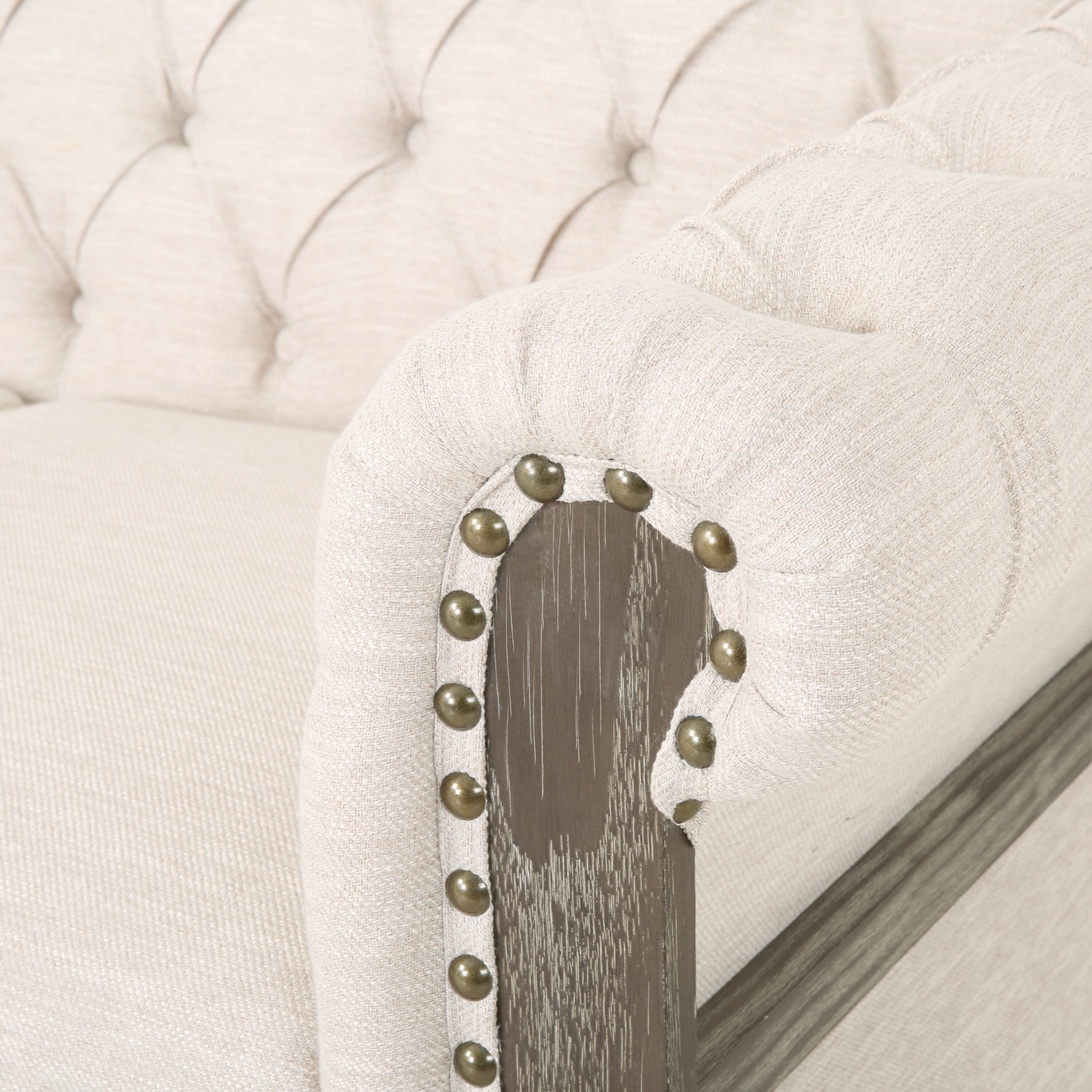 Canapé Chesterfield 3 places beige rétro 85,5 avec boutons capitonnés et pieds en bois pour le salon