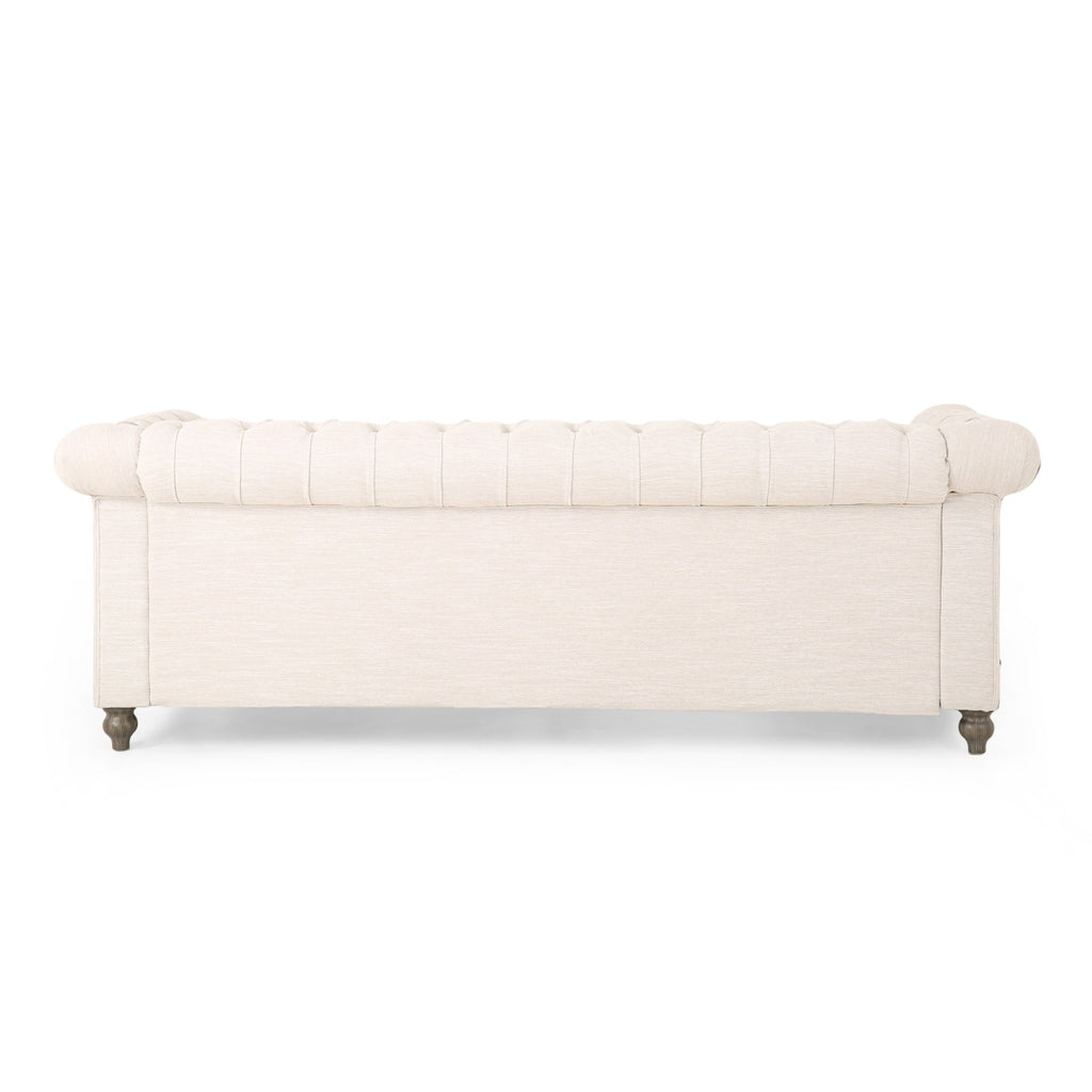 Canapé Chesterfield 3 places beige rétro 85,5 avec boutons capitonnés et pieds en bois pour le salon