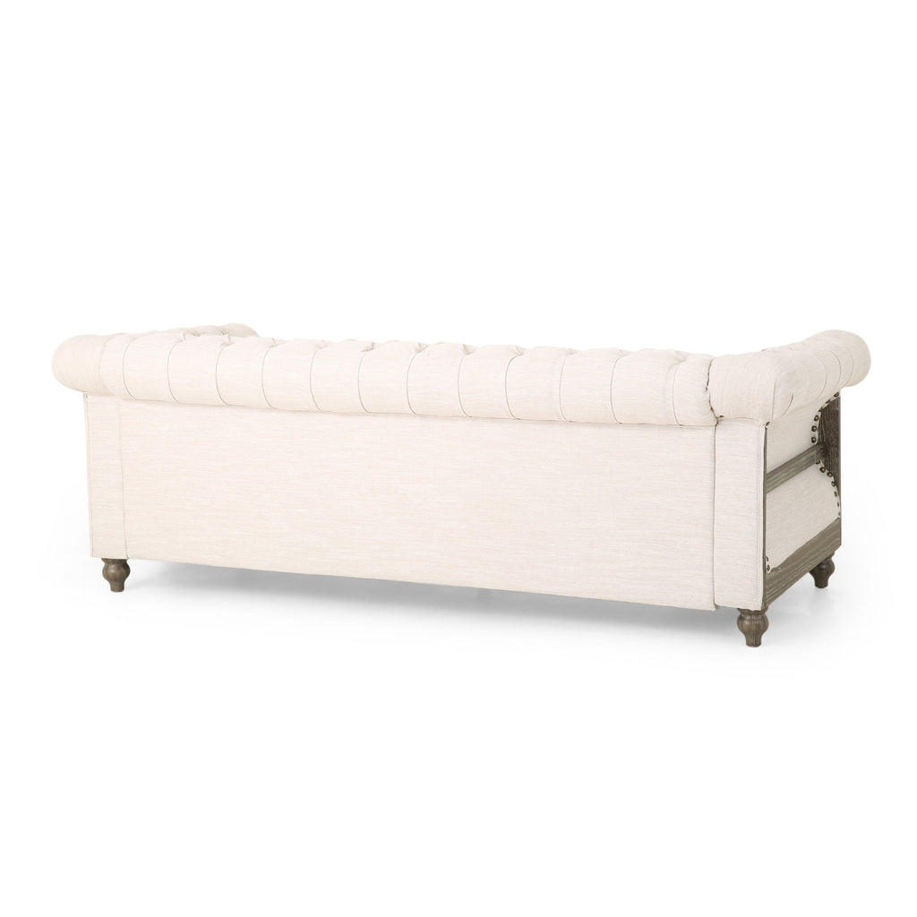 Canapé Chesterfield 3 places beige rétro 85,5 avec boutons capitonnés et pieds en bois pour le salon