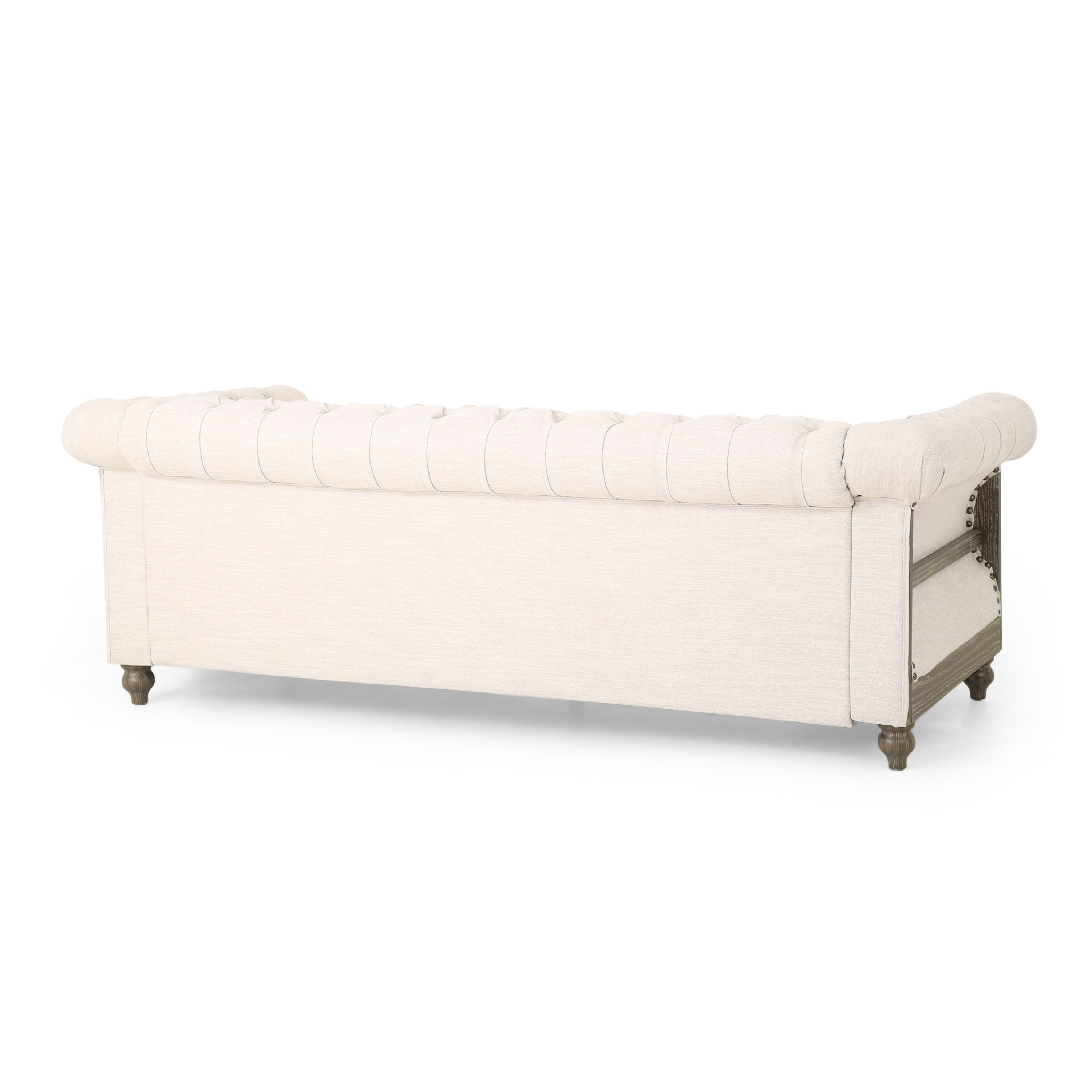 Canapé Chesterfield 3 places beige rétro 85,5 avec boutons capitonnés et pieds en bois pour le salon