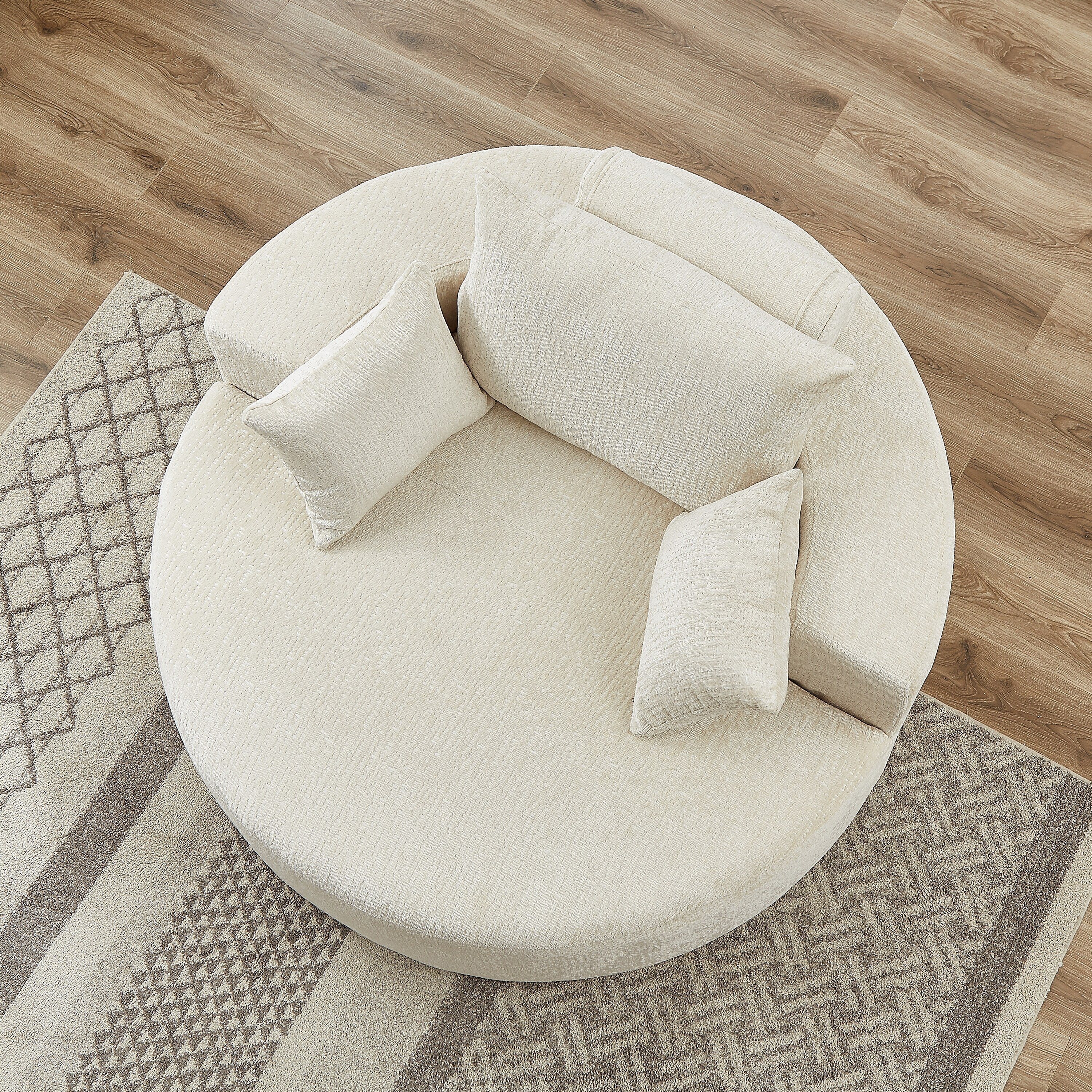 Canapé-lit simple rond en chenille beige avec coussin de dossier