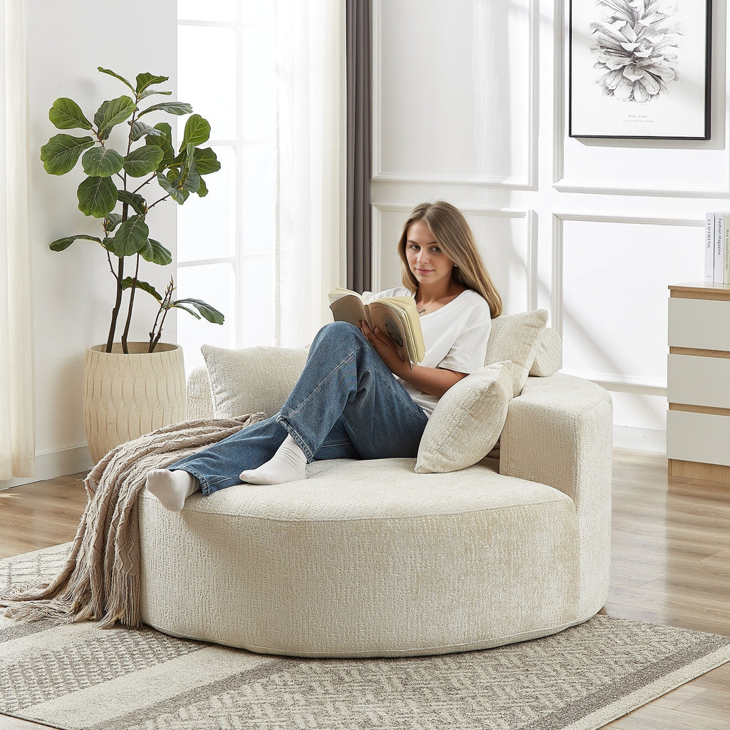 Canapé-lit simple rond en chenille beige avec coussin de dossier