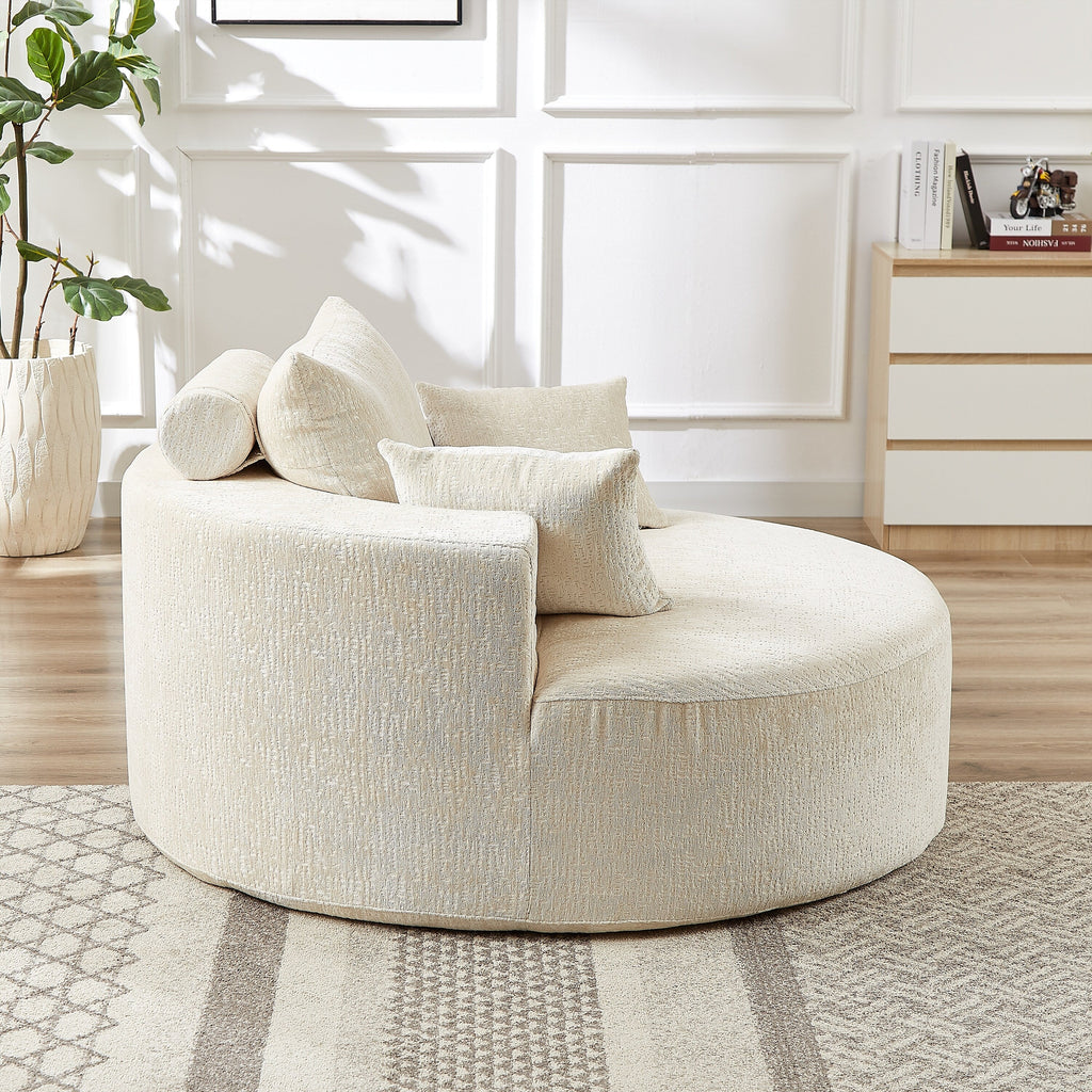 Canapé-lit simple rond en chenille beige avec coussin de dossier