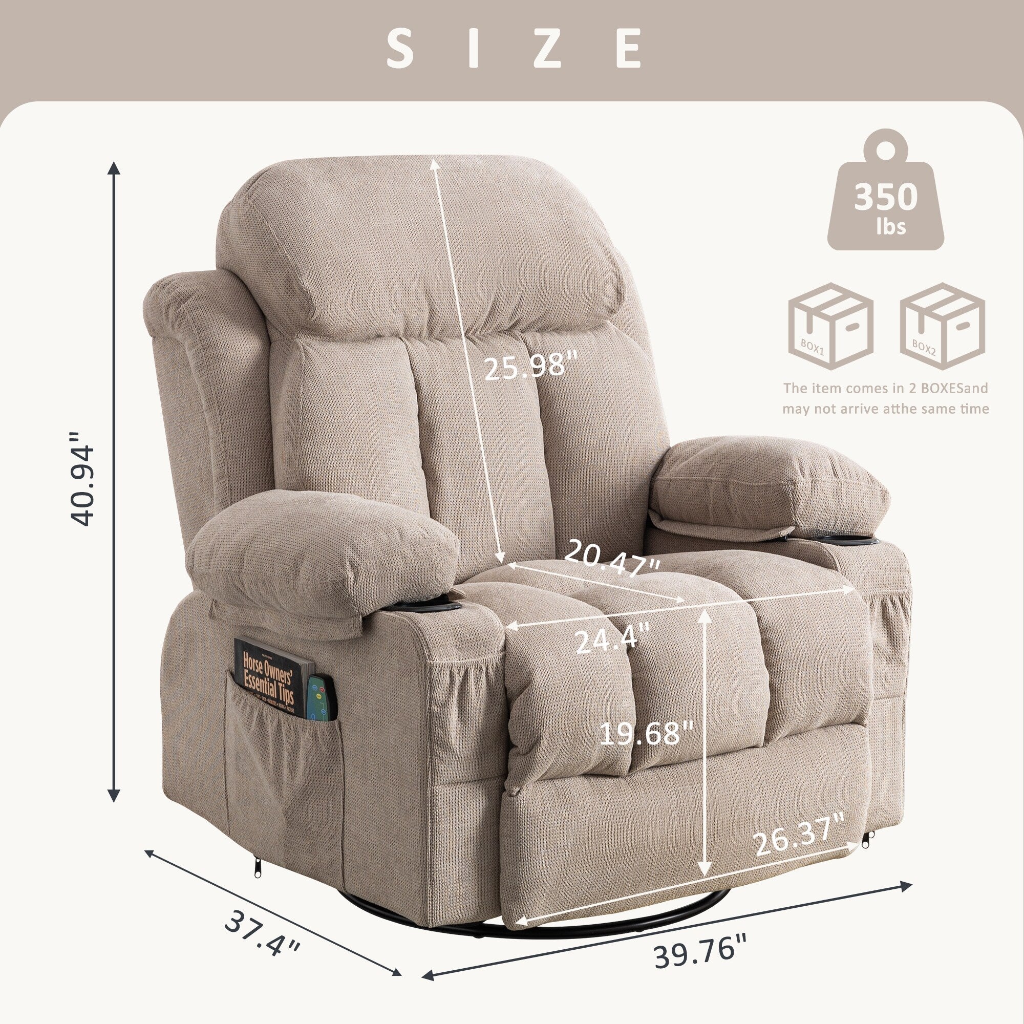 Fauteuil inclinable pivotant beige avec massage, chauffage et chargement USB