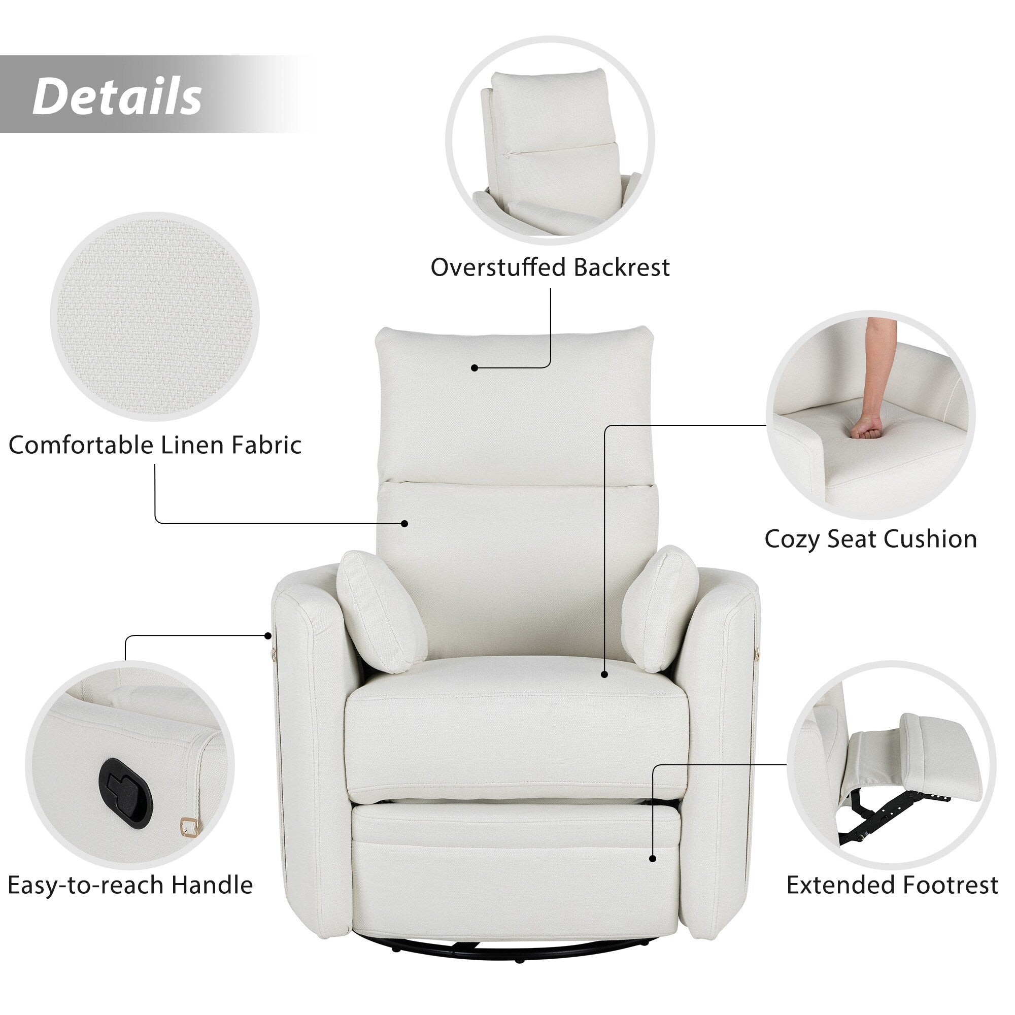 Fauteuil inclinable pivotant beige avec réglage manuel, rotation à 360° et deux oreillers amovibles