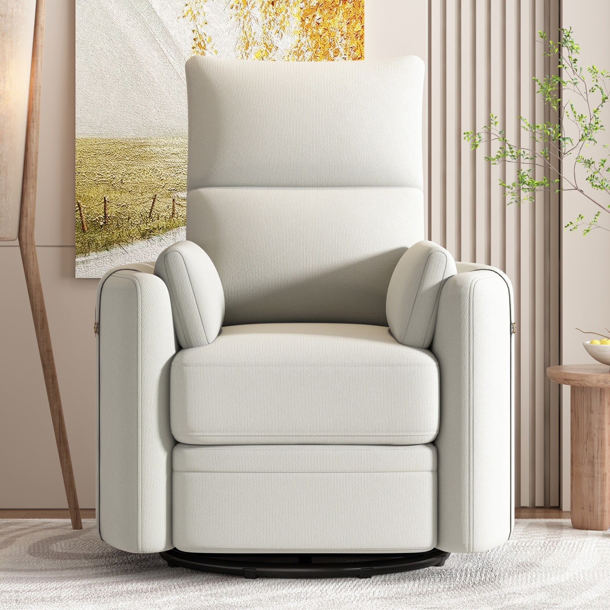 Fauteuil inclinable pivotant beige avec réglage manuel, rotation à 360° et deux oreillers amovibles