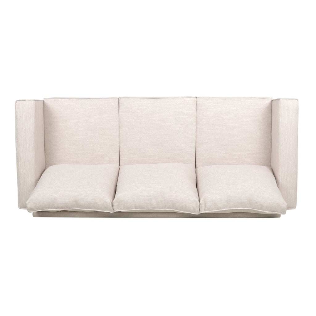 Canapé 3 places beige rembourré avec coussins et pieds en bois