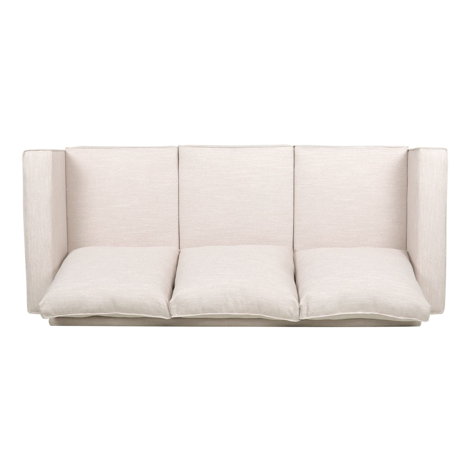 Canapé 3 places beige rembourré avec coussins et pieds en bois