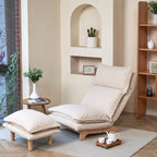 Fauteuil inclinable manuel sans accoudoirs rembourré beige avec pouf, appui-tête et dossier réglables, position à plat à 180°