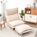 Fauteuil inclinable manuel sans accoudoirs rembourré beige avec pouf, appui-tête et dossier réglables, position à plat à 180°