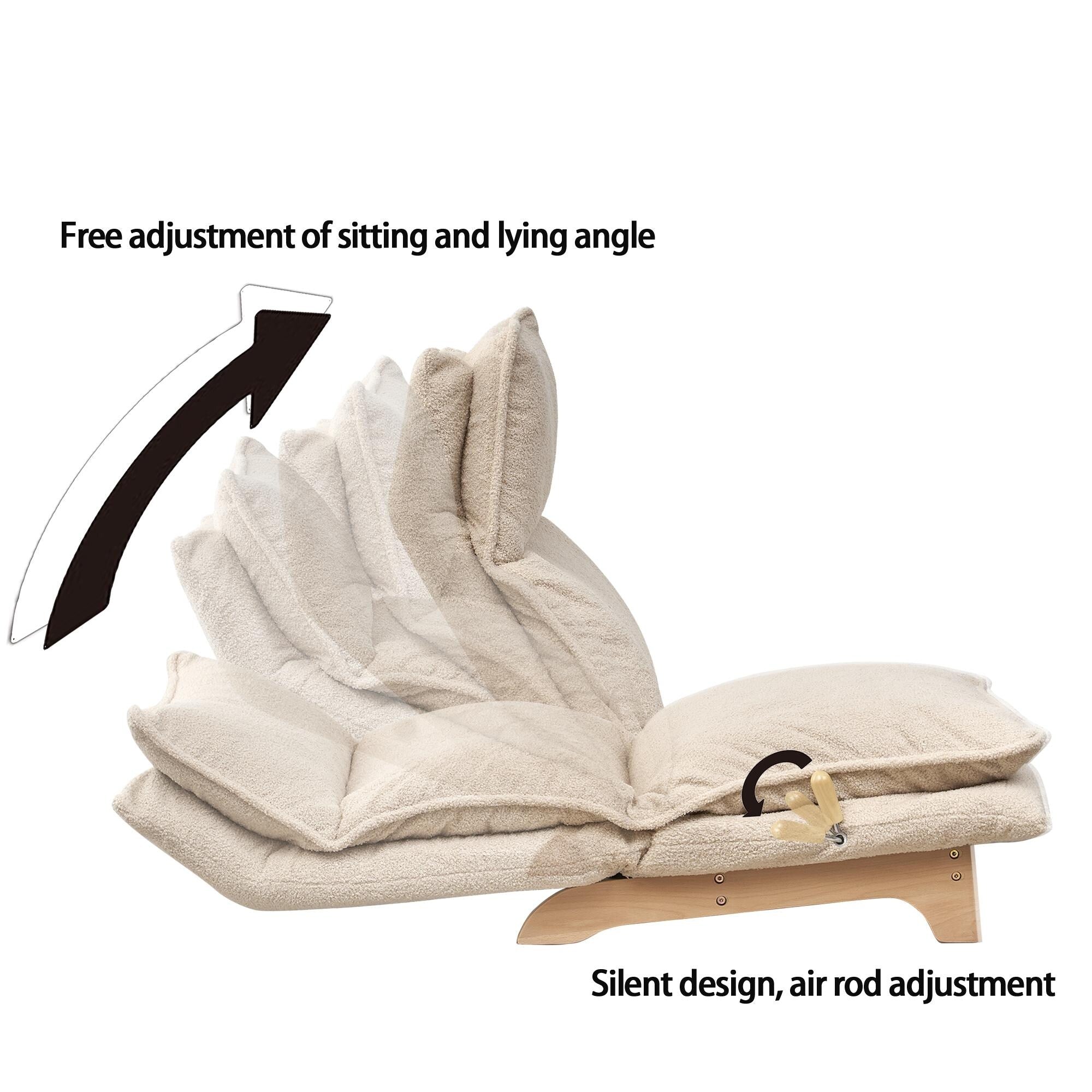 Fauteuil inclinable manuel sans accoudoirs rembourré beige avec pouf, appui-tête et dossier réglables, position à plat à 180°