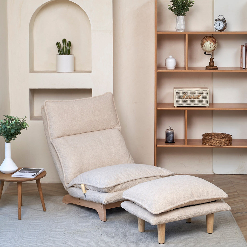 Fauteuil inclinable manuel sans accoudoirs rembourré beige avec pouf, appui-tête et dossier réglables, position à plat à 180°