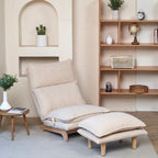 Fauteuil inclinable manuel sans accoudoirs rembourré beige avec pouf, appui-tête et dossier réglables, position à plat à 180°