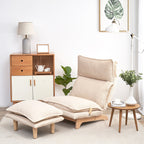 Fauteuil inclinable manuel sans accoudoirs rembourré beige avec pouf, appui-tête et dossier réglables, position à plat à 180°