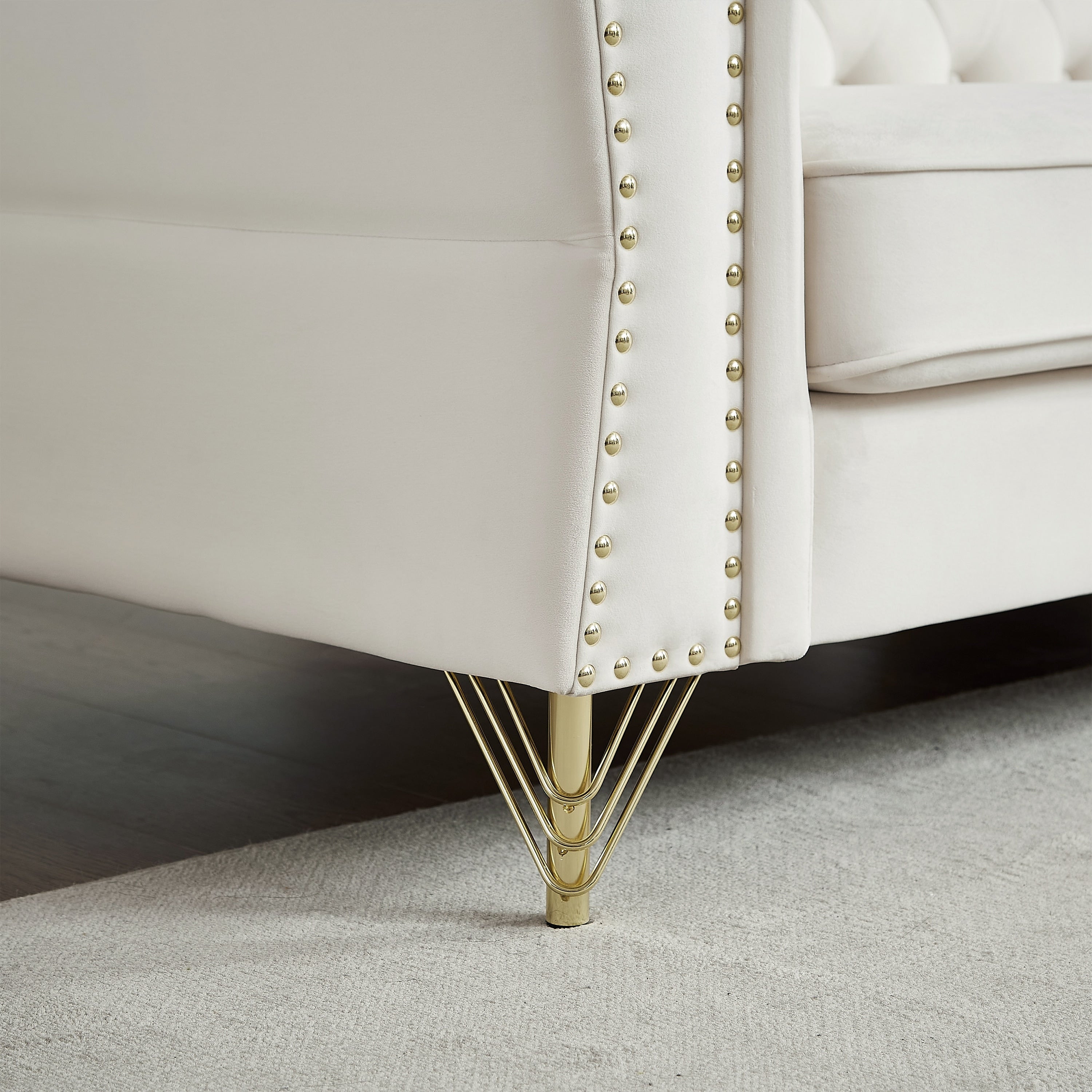 Canapé 3 places en velours beige avec canapé capitonné