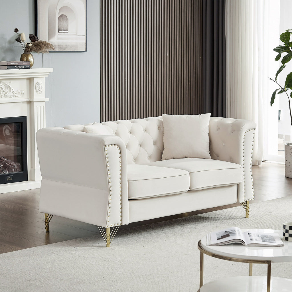 Canapé 3 places en velours beige avec canapé capitonné