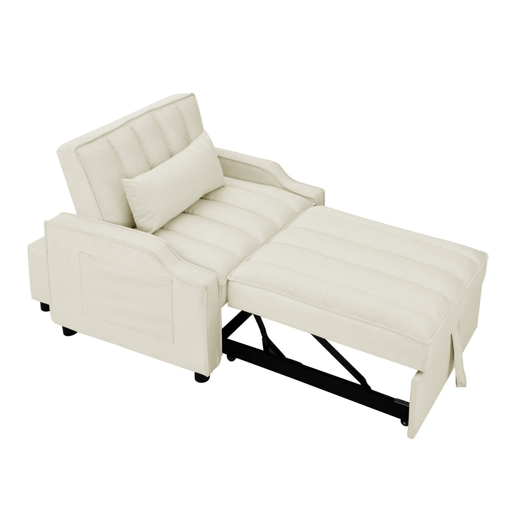 Canapé-lit simple convertible en velours beige 35,5 avec lit gigogne, poche de rangement et oreillers