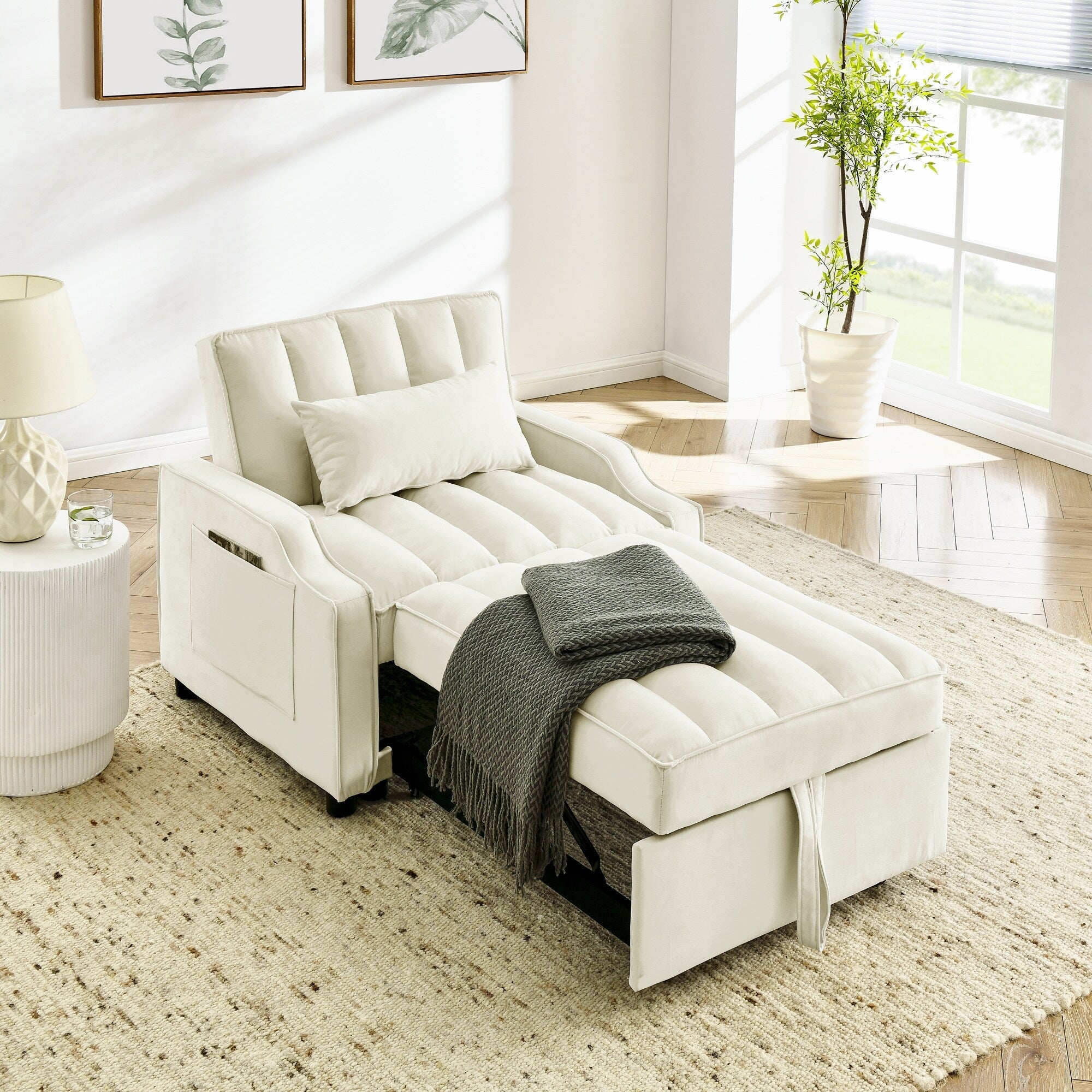 Canapé-lit simple convertible en velours beige 35,5 avec lit gigogne, poche de rangement et oreillers