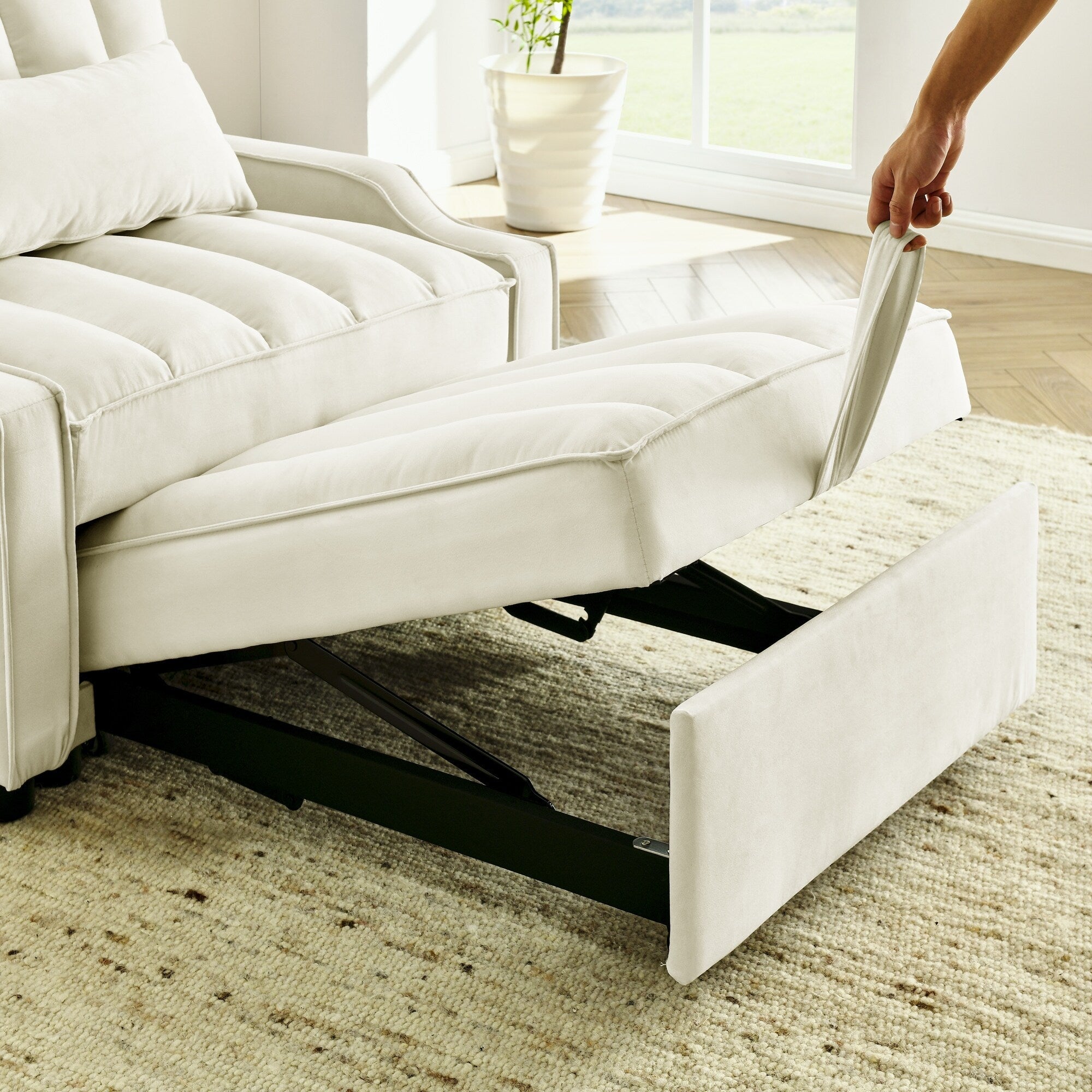 Canapé-lit simple convertible en velours beige 35,5 avec lit gigogne, poche de rangement et oreillers