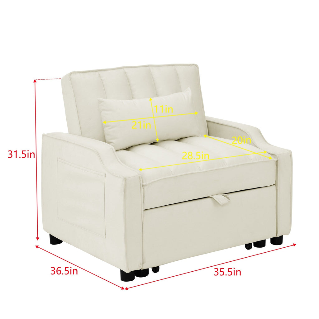 Canapé-lit simple convertible en velours beige 35,5 avec lit gigogne, poche de rangement et oreillers