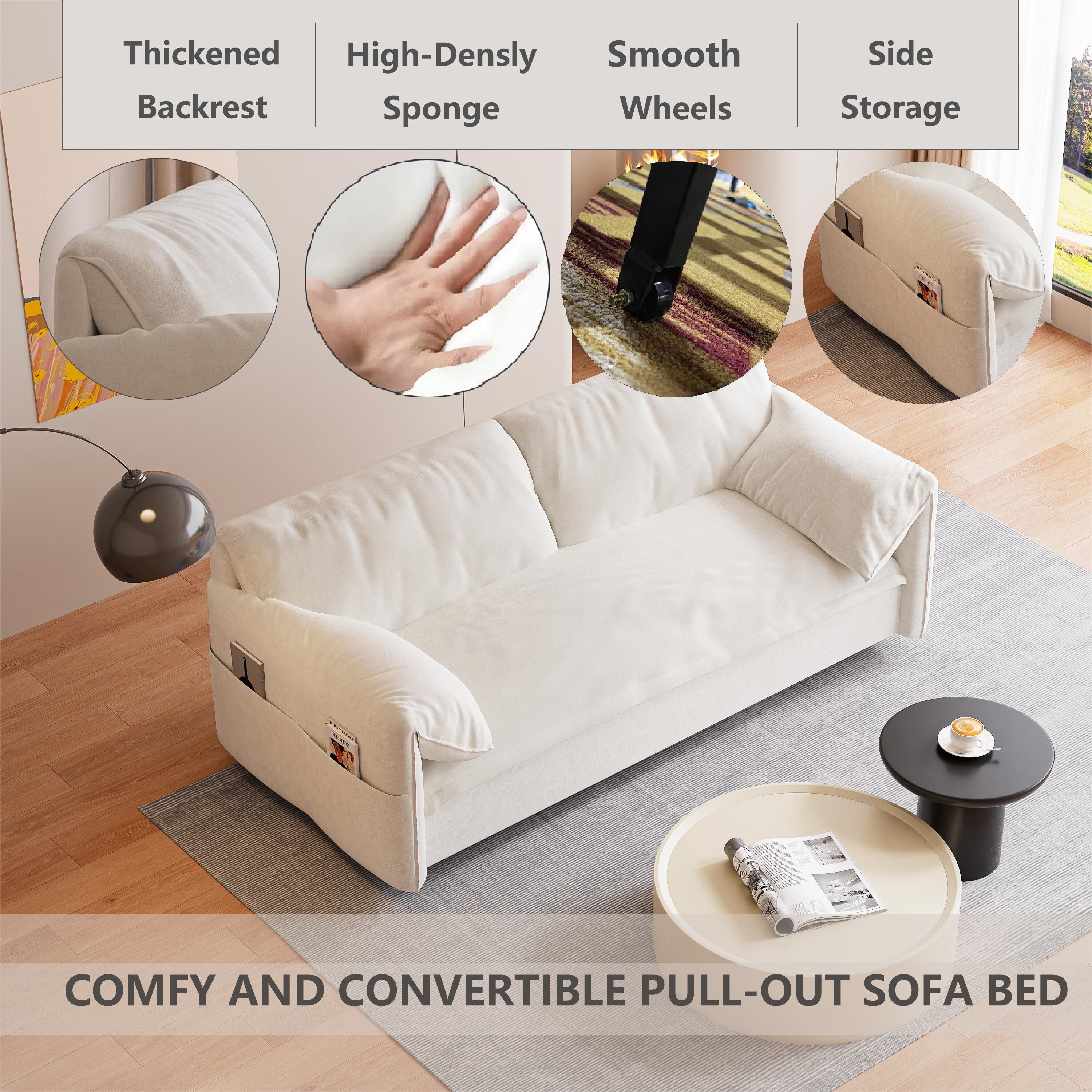 Canapé-lit gigogne en velours beige avec rangement latéral