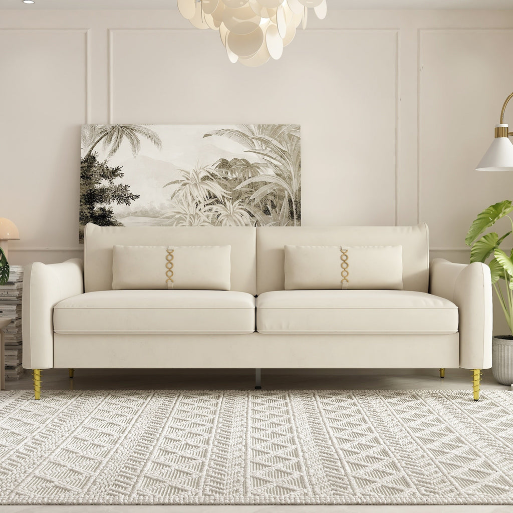 Canapé causeuse en velours beige avec pieds dorés