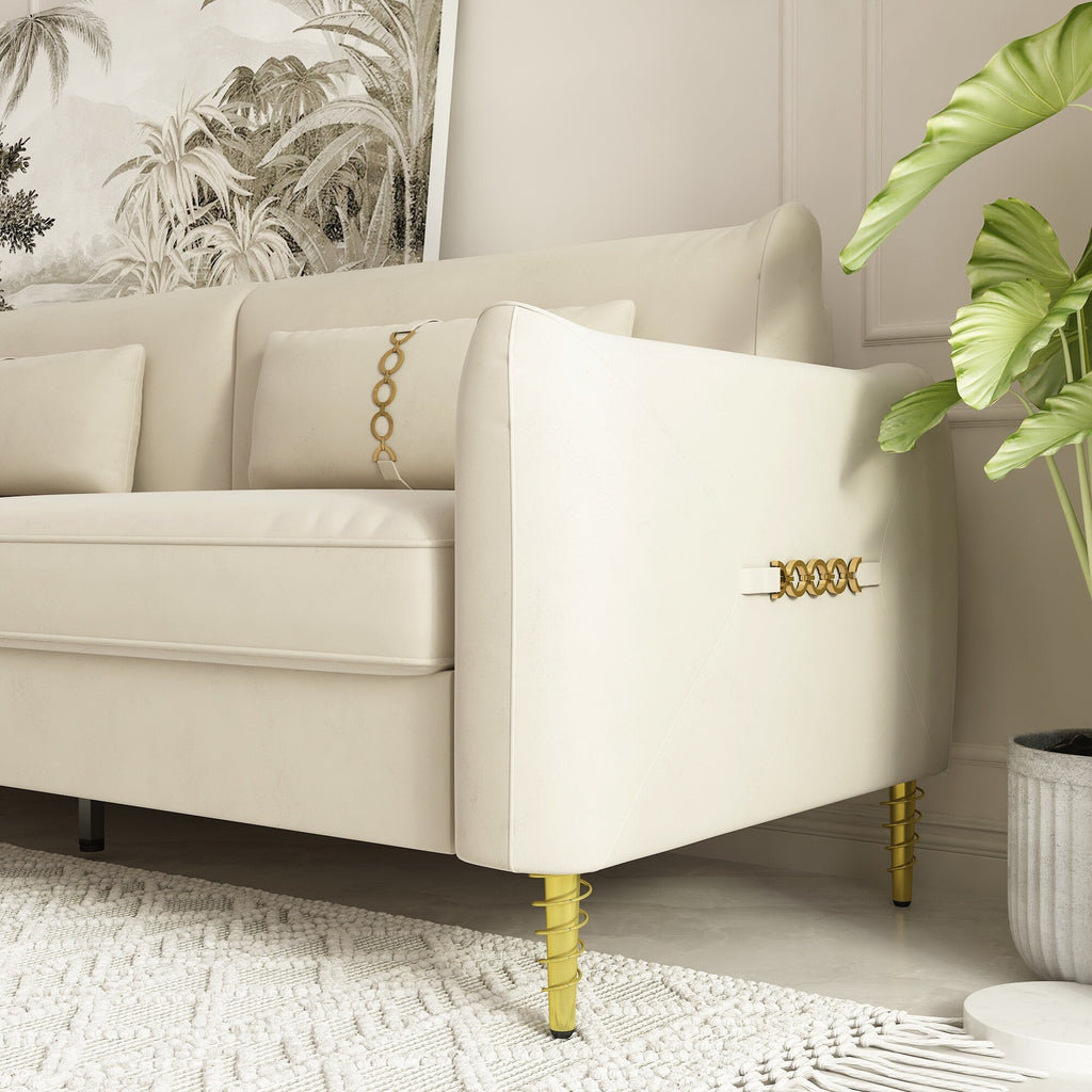 Canapé causeuse en velours beige avec pieds dorés