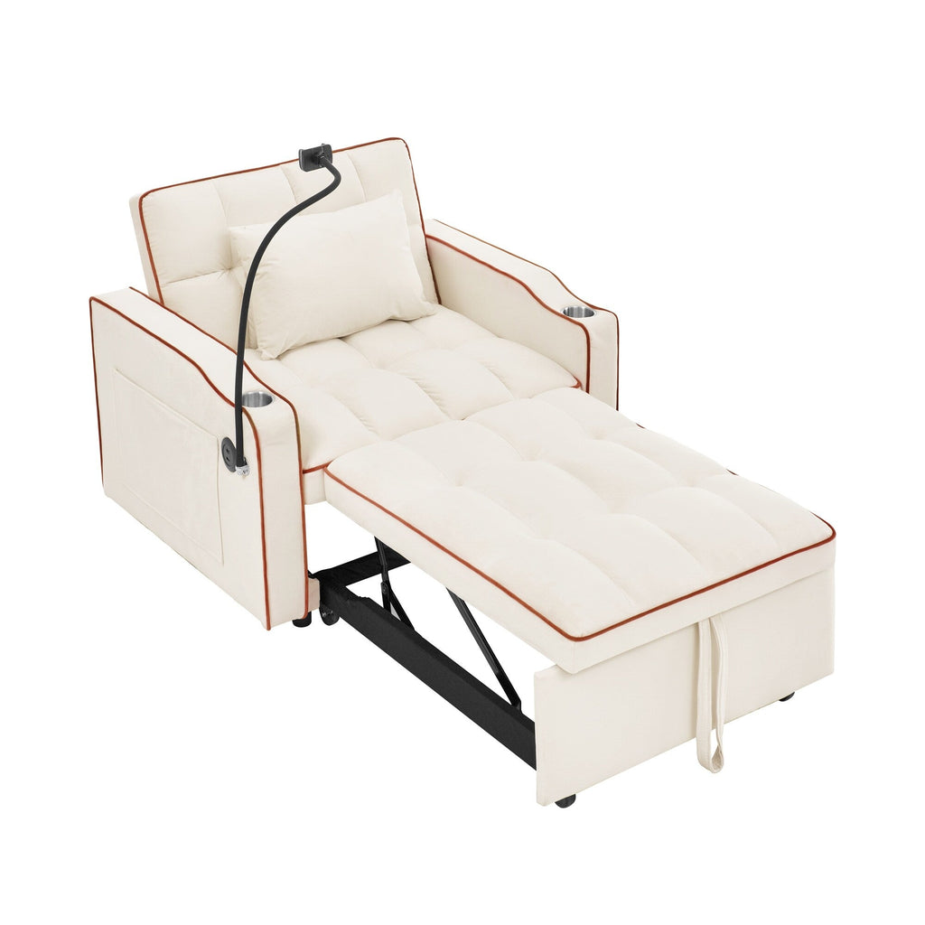 Canapé-lit simple convertible en velours beige avec port de chargement USB