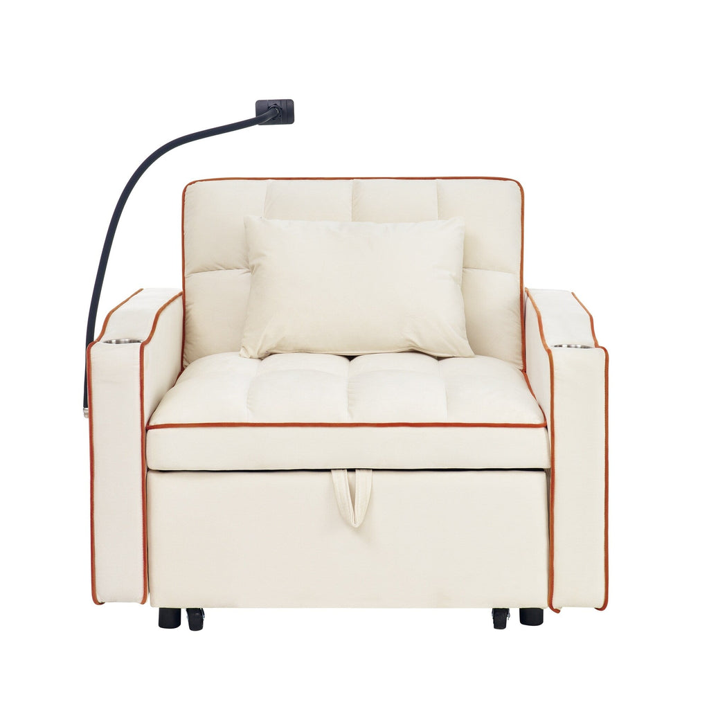 Canapé-lit simple convertible en velours beige avec port de chargement USB
