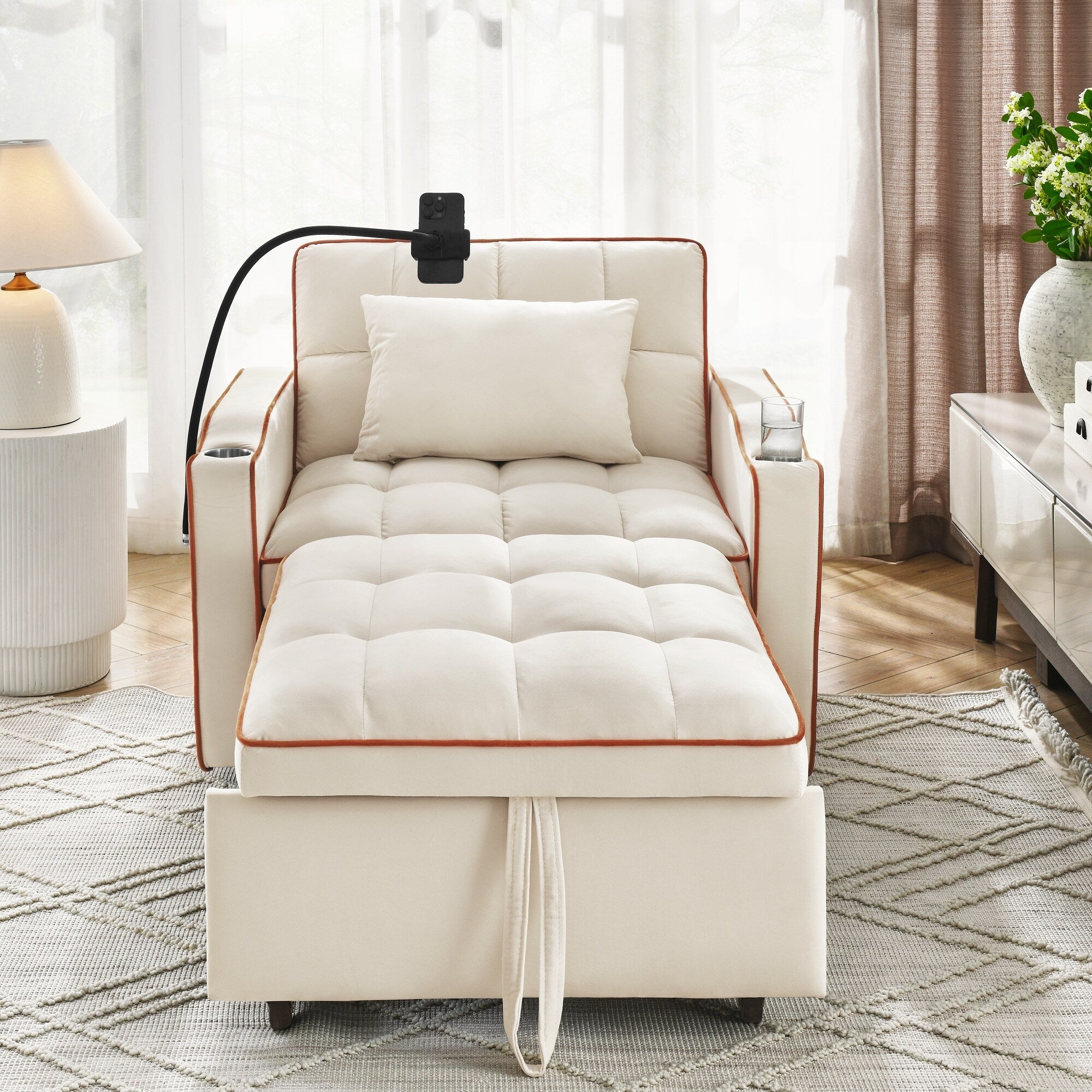 Canapé-lit simple convertible en velours beige avec port de chargement USB