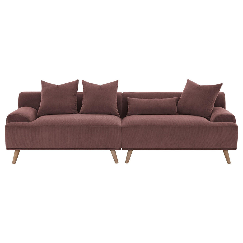 Canapé long Beno, 260 cm, velours côtelé bordeaux rétro, 4 coussins décoratifs