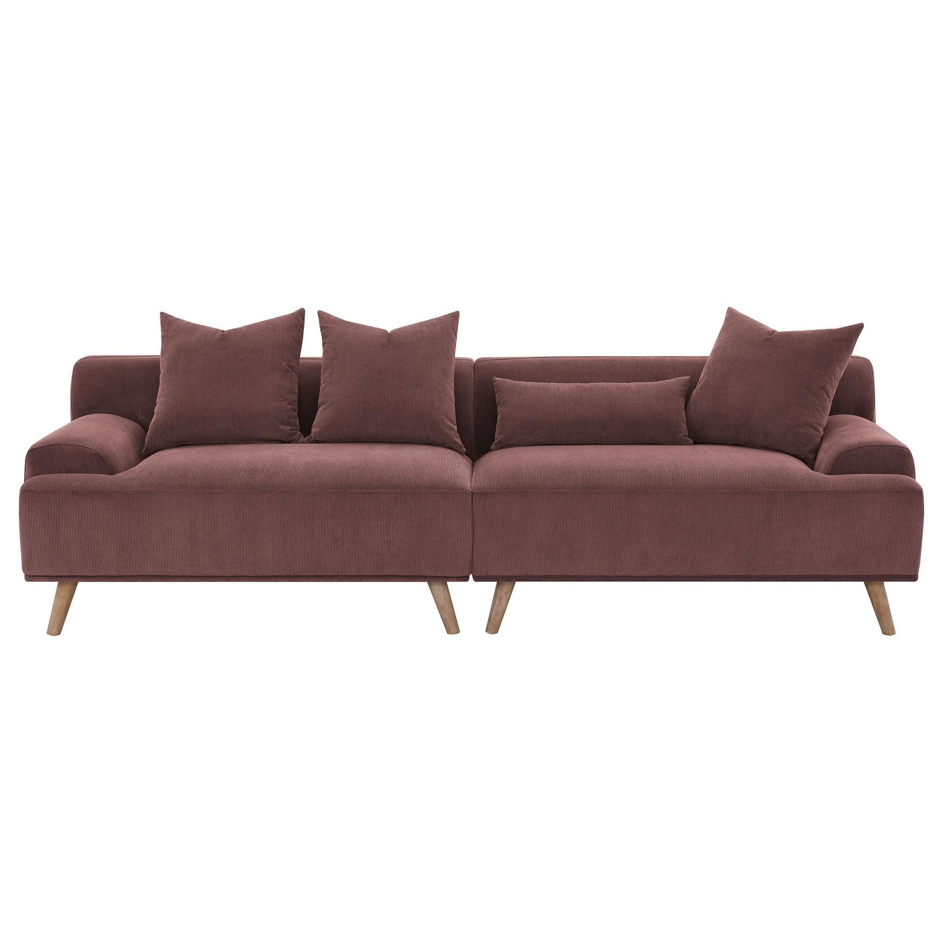 Canapé long Beno, 260 cm, velours côtelé bordeaux rétro, 4 coussins décoratifs
