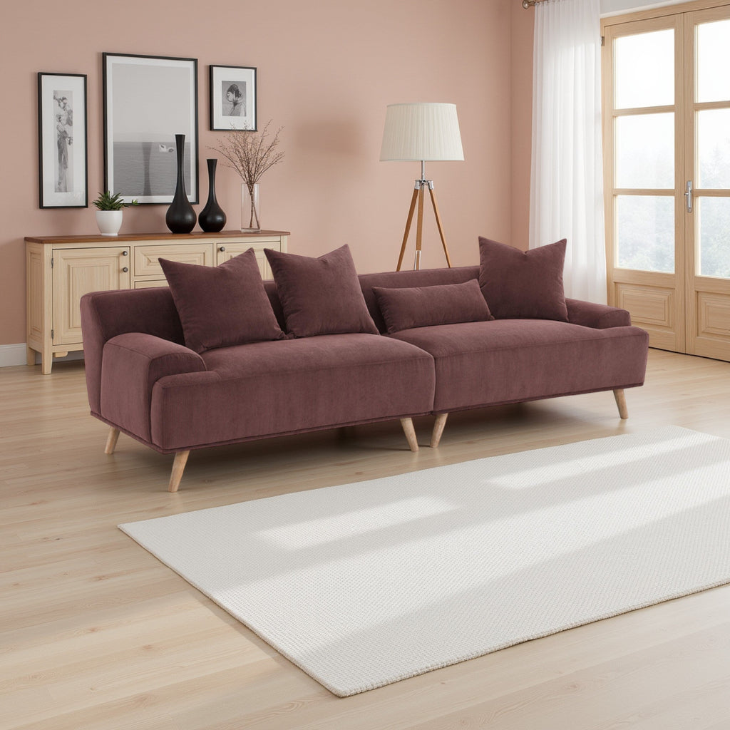 Canapé long Beno, 260 cm, velours côtelé bordeaux rétro, 4 coussins décoratifs