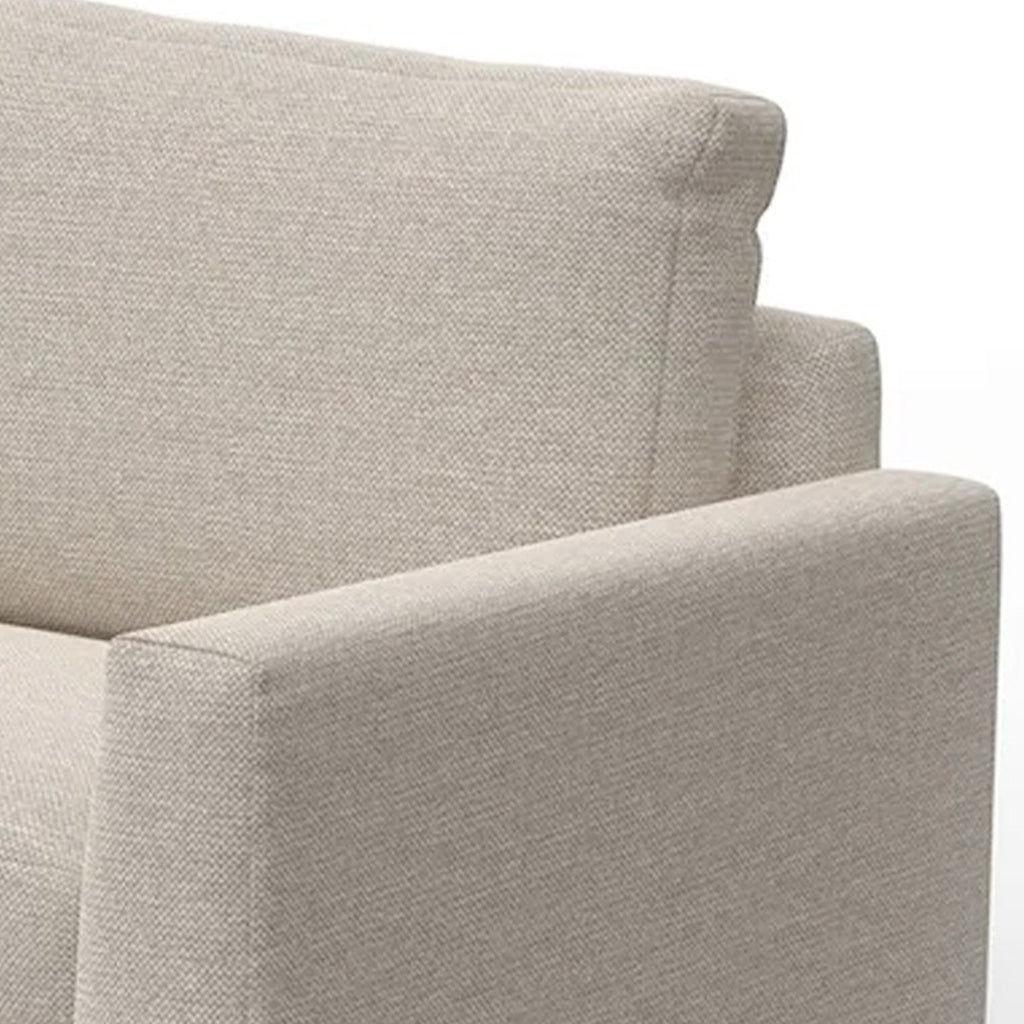 Canapé Bery, piètement moderne en pin massif, polyester beige clair doux